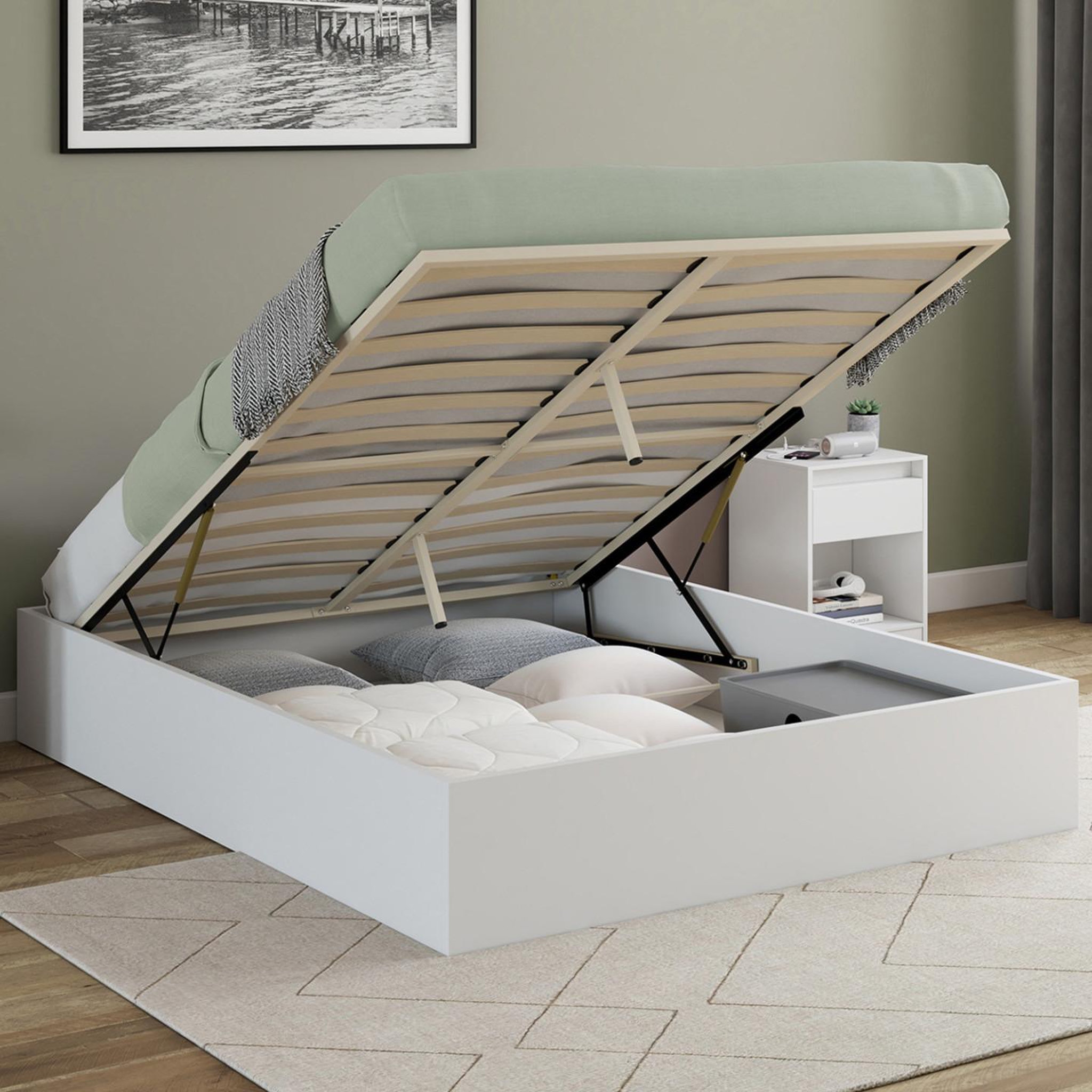 Voir la diapositive 2 : ID MARKET Lit coffre double sandside avec sommier 160 x 200 cm blanc