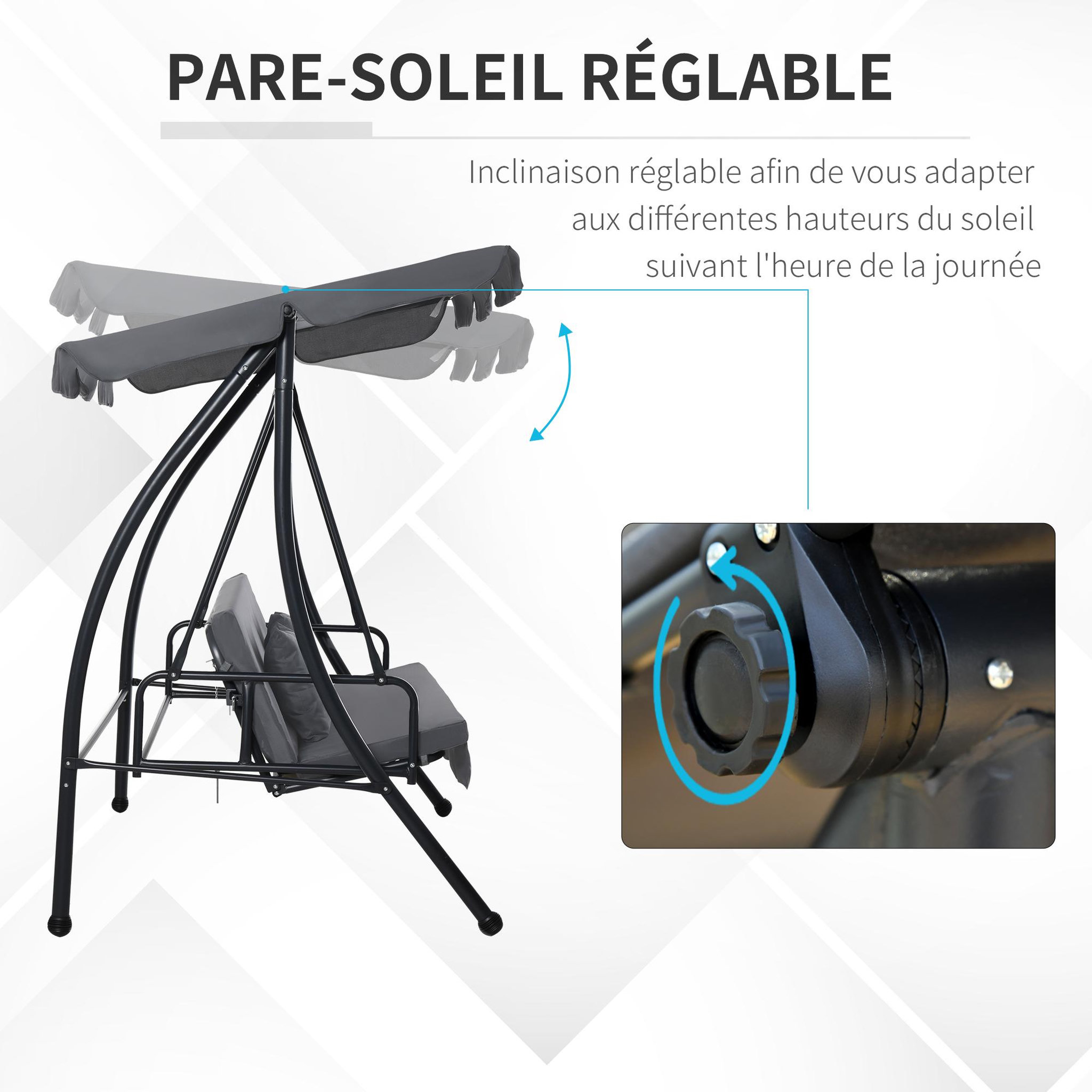 Voir la diapositive 4 : OUTSUNNY Balancelle de jardin convertible 3 places grand confort inclinaison toit réglable matelas fourni 2L x 1,25l x 1,7H m métal polyester noir anthracite