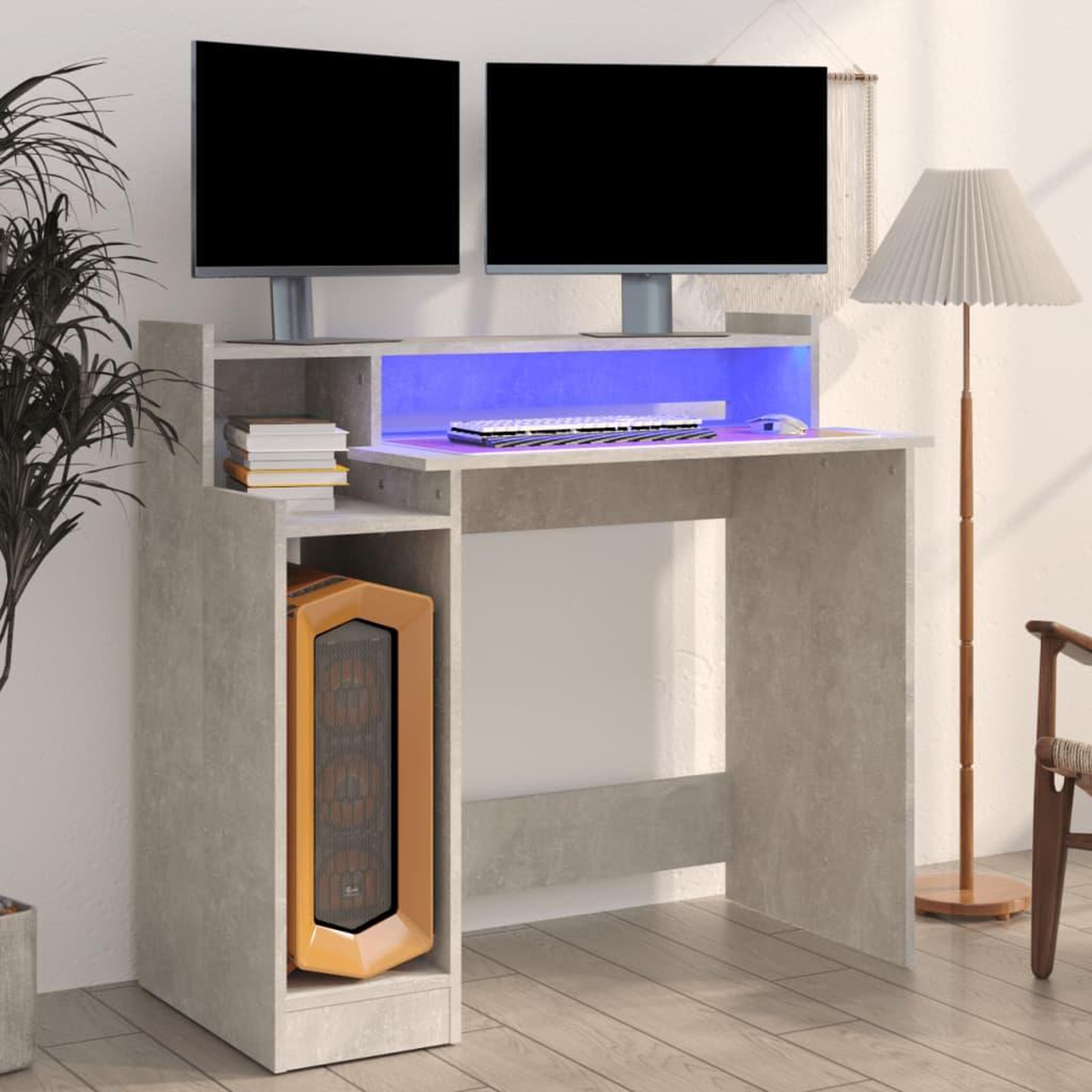 VIDAXL Bureau et lumieres LED Gris beton 97x45x90 cm Bois d'ingenierie