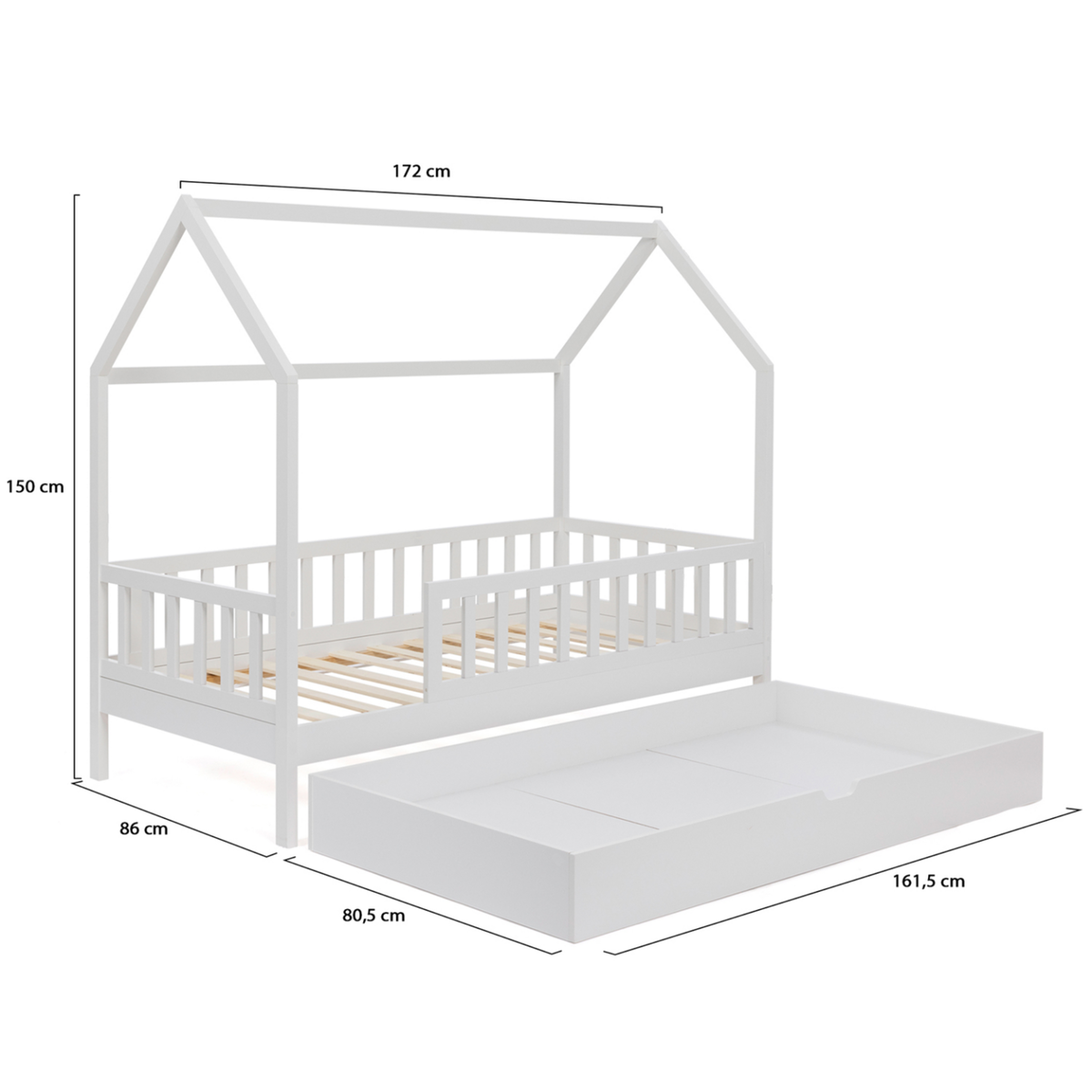 ID MARKET Lit cabane enfant 80 x 160 CM NEREE blanc avec 1 tiroir gigogne et de rangement