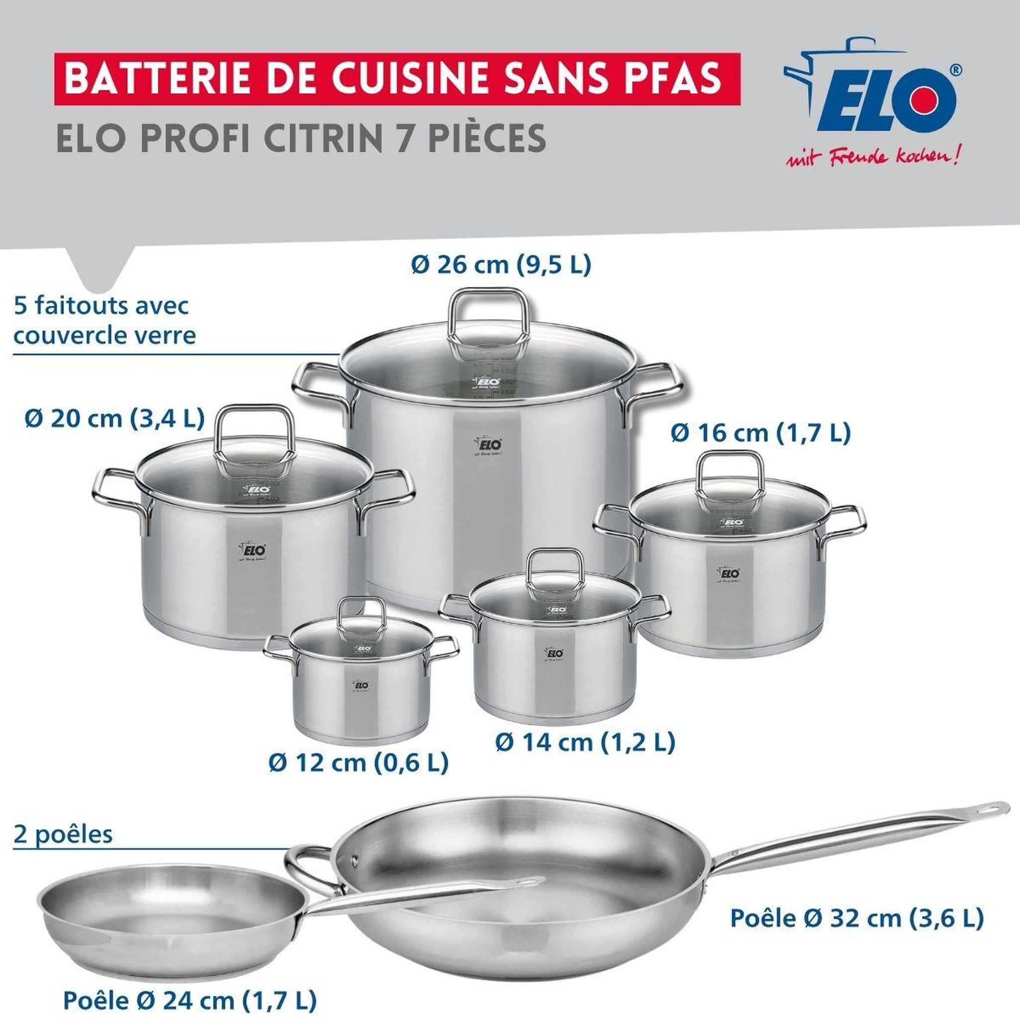 Voir la diapositive 2 : ELO Ensemble de 2 poêles de cuisson 24 et 32 cm et 5 faitouts 12, 14, 16, 20 et 26 cm elo profi citrin