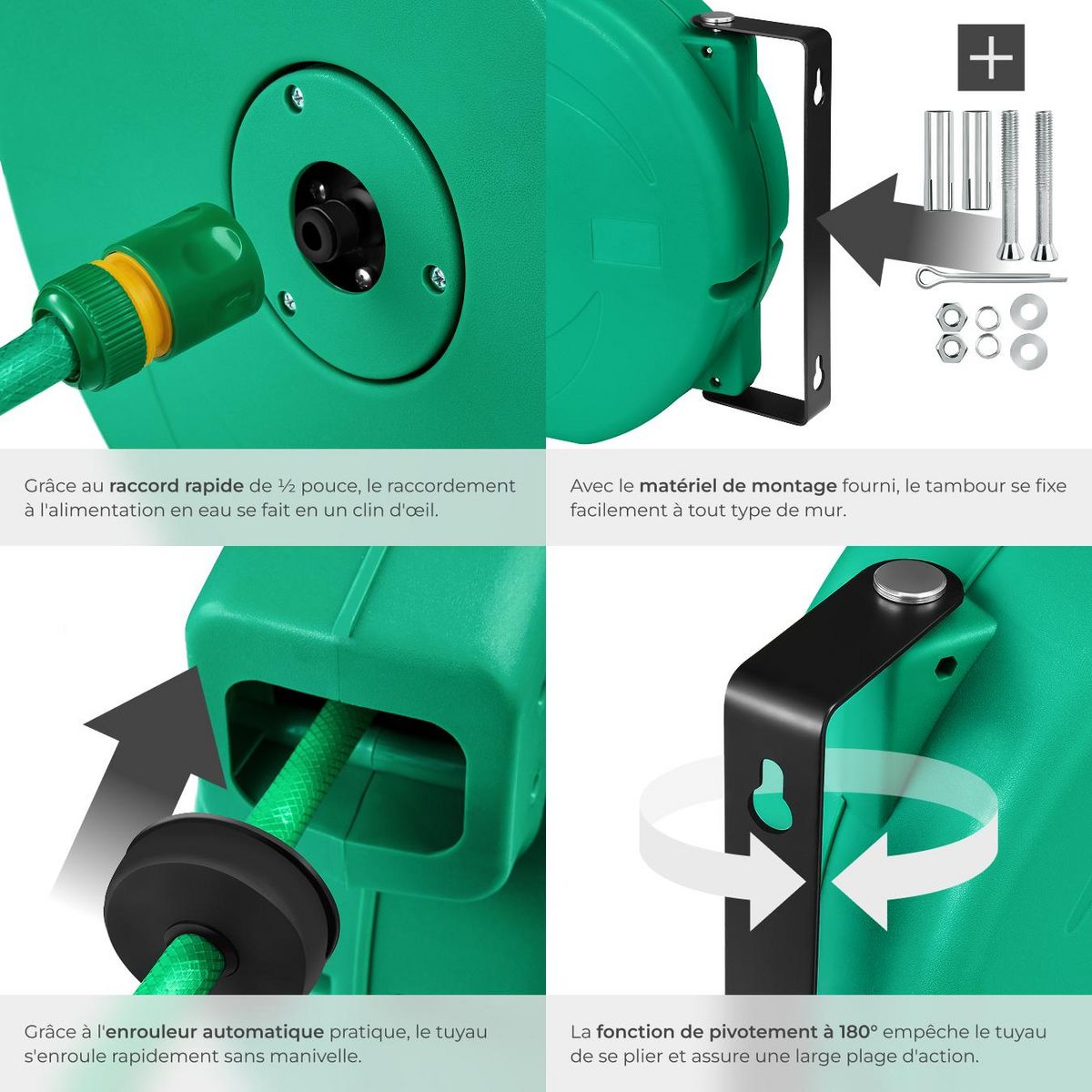 tectake Dévidoir à enroulement automatique pour tuyau d'arrosage avec raccord rapide 1/2 pouce vert