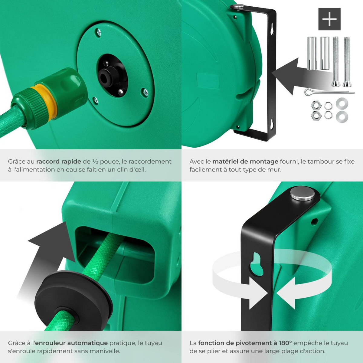tectake Dévidoir à enroulement automatique pour tuyau d'arrosage avec raccord rapide 1/2 pouce vert
