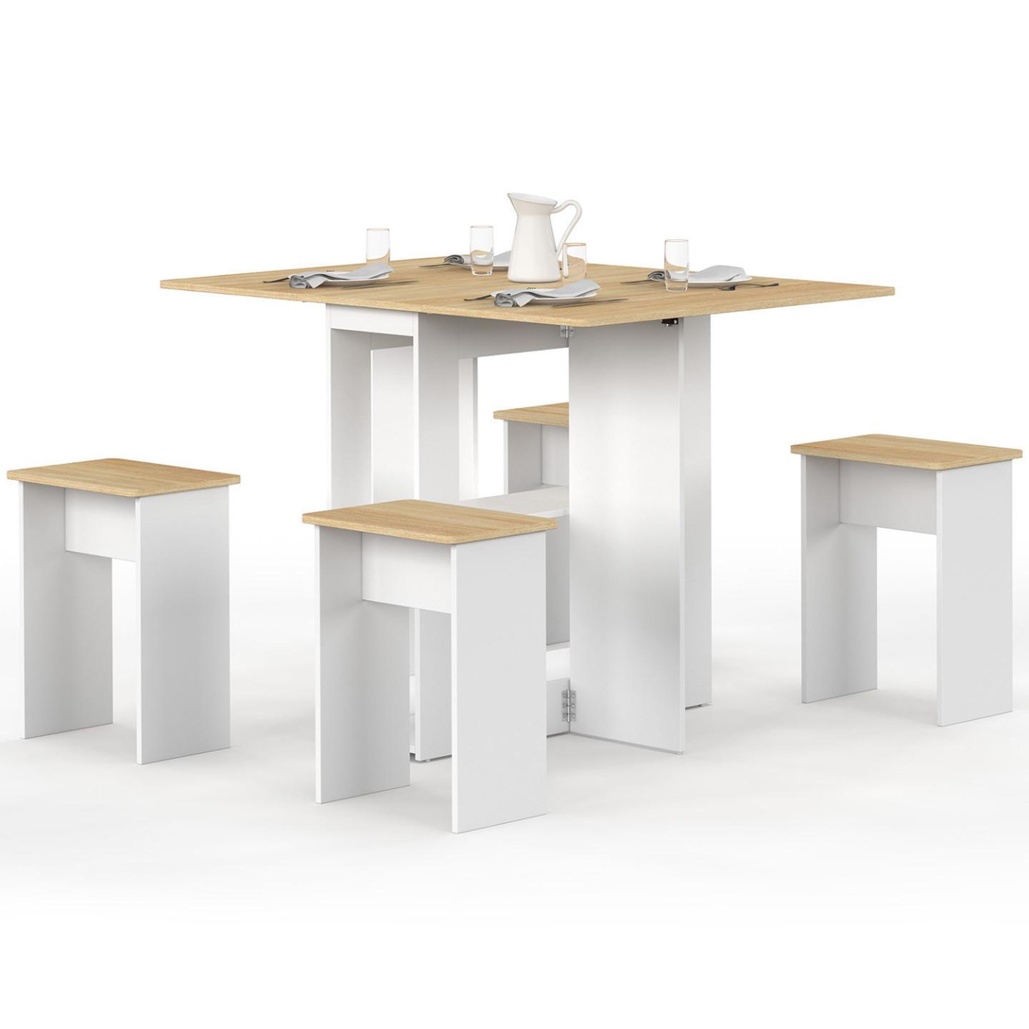 ID MARKET Ensemble table console pliable edi 2-4 personnes bois blanc et plateau façon hêtre avec 4 tabourets