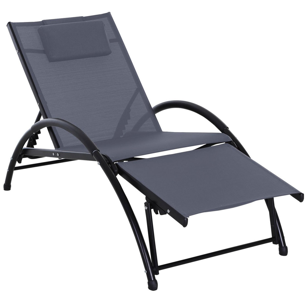 OUTSUNNY Bain de soleil transat design contemporain inclinable multi-positions repose-pied réglable tétière incluse alu textilène gris