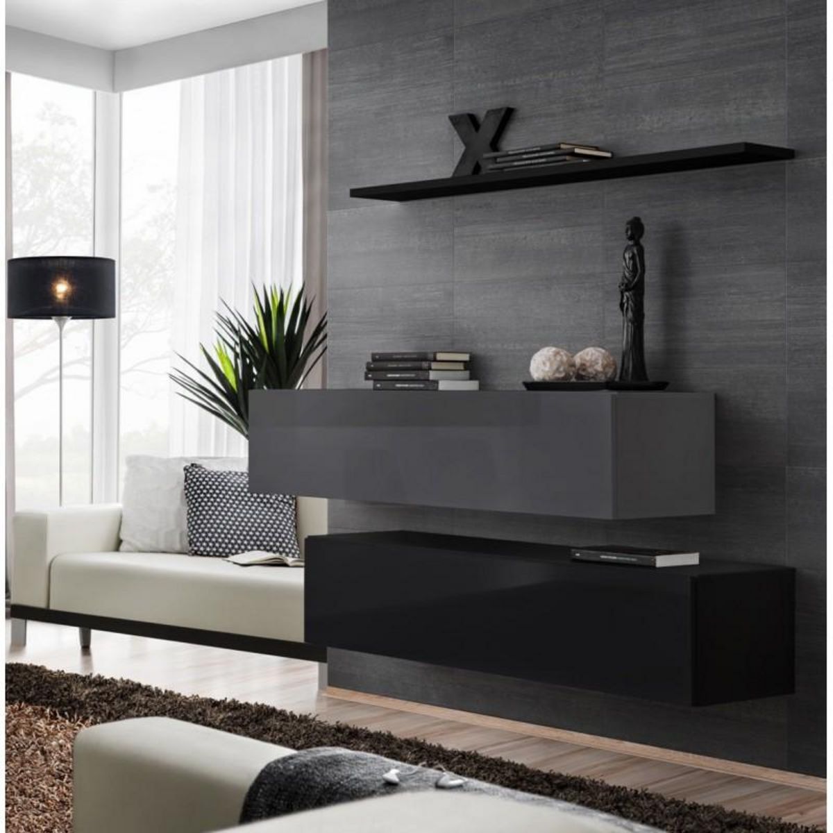 Paris Prix Lot de 2 Bancs Muraux & Étagère  Switch SBII  130cm Noir & Gris