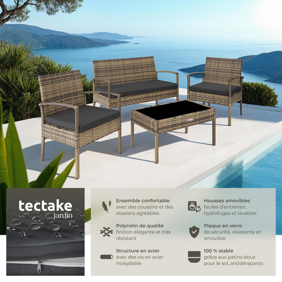 tectake Salon de jardin pour 4 personnes marron naturel