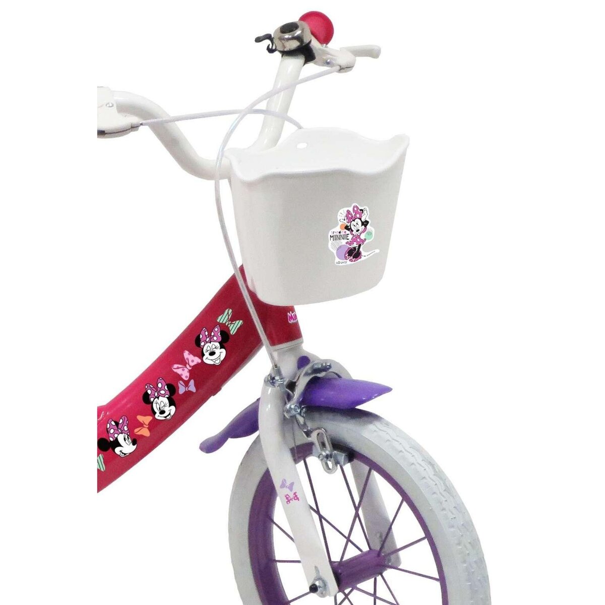 Disney Minnie Vélo enfant - Modèle 14'' Minnie + Casque pour enfant de 95/110 cm avec stabilisateurs - Panier avant - Porte poupée arrière - 2 freins et pneus gonflables