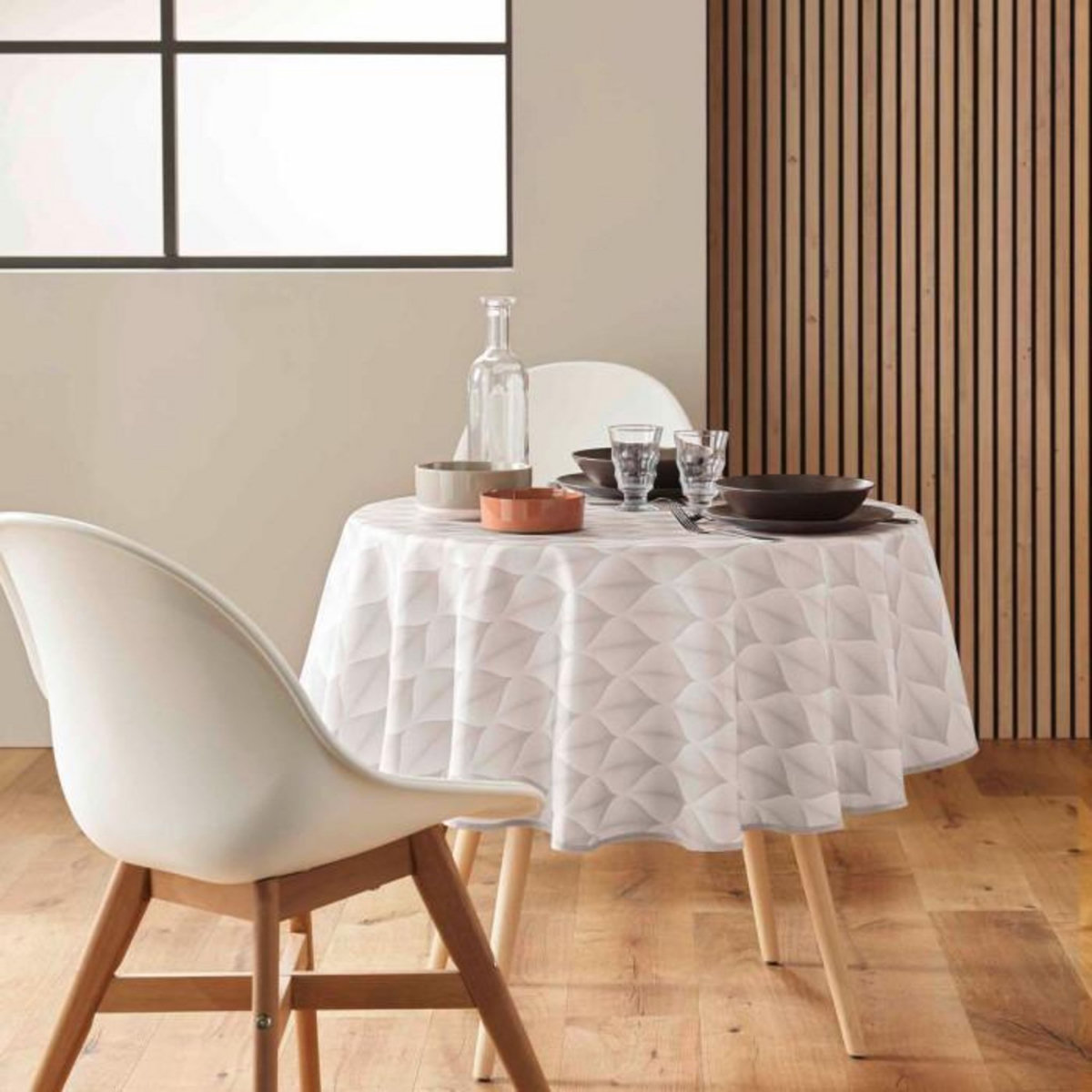 Paris Prix Nappe Ronde Antitache Imprimé  Kalini  180cm Naturel