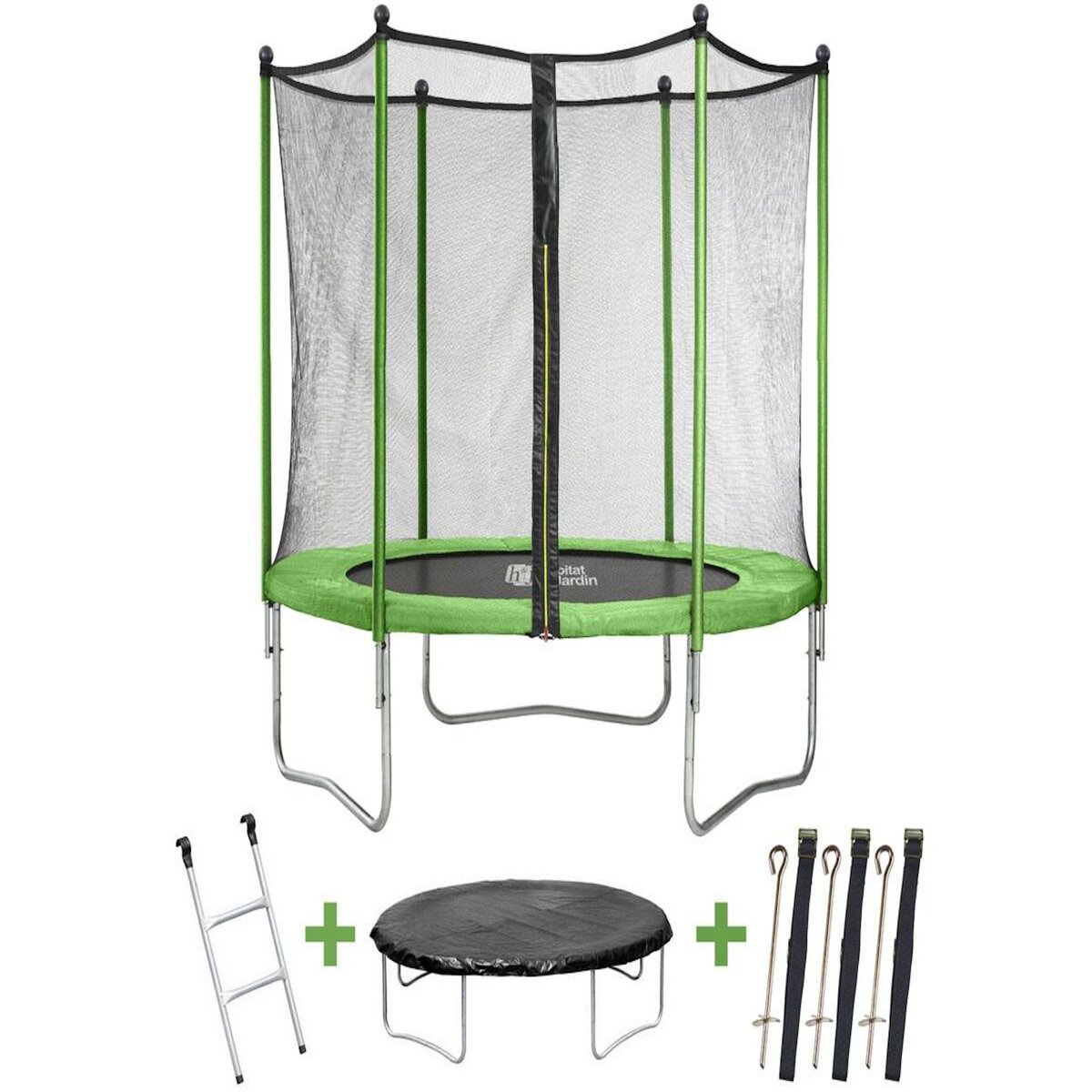 Habitat et Jardin Trampoline   Yoopi   - Ø 2.44 m - Vert - avec filet + échelle + couverture + kit d'ancrage