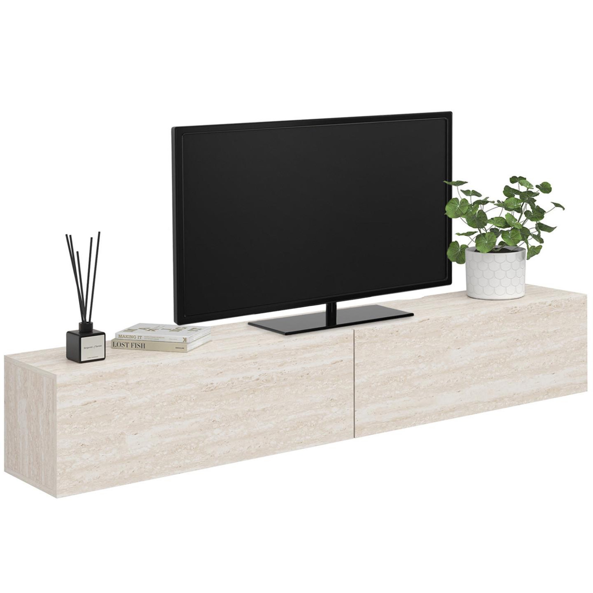 ID MARKET Meuble tv 180 cm suspendu elio 2 portes bois effet travertin