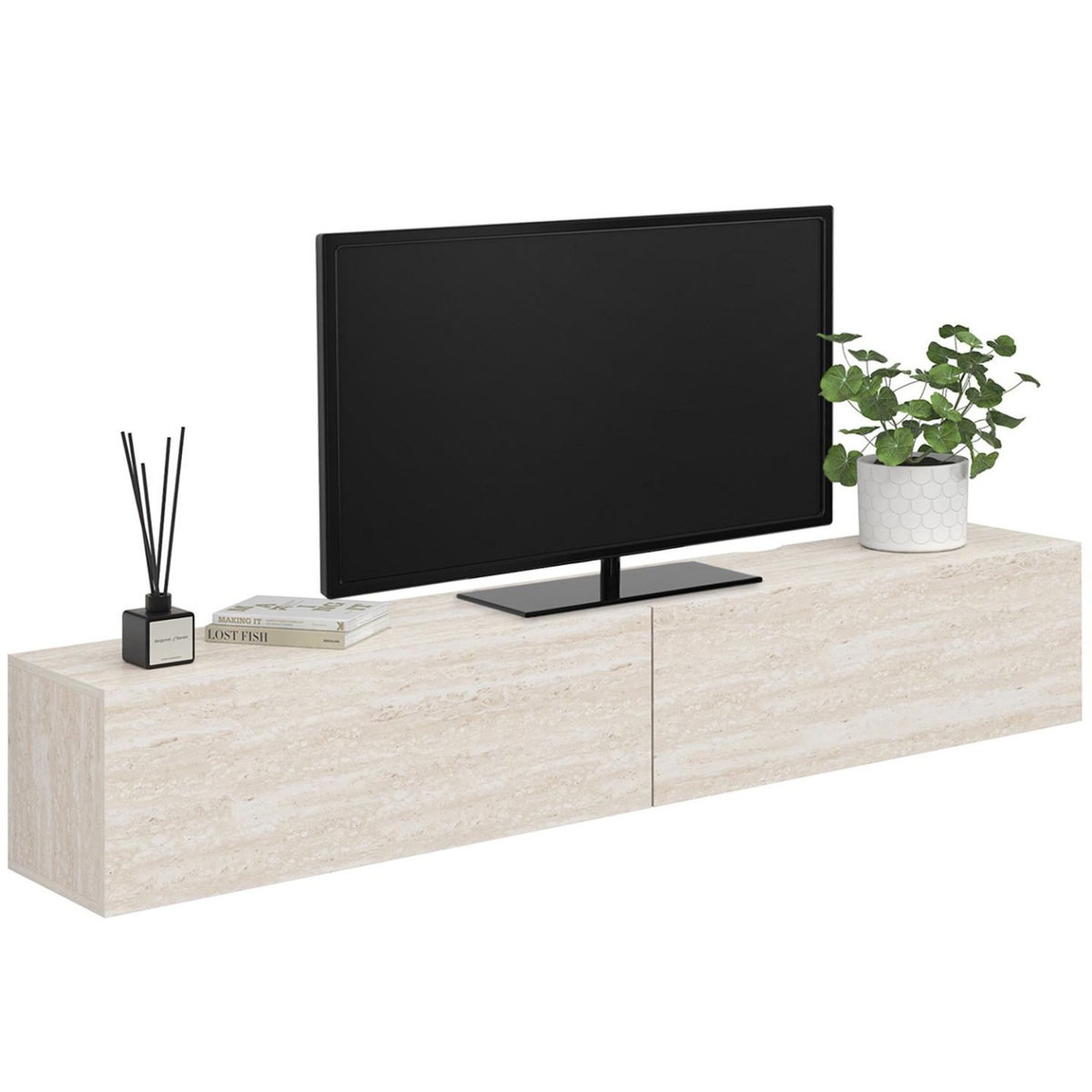 ID MARKET Meuble TV 180 cm suspendu ELIO 2 portes bois effet travertin