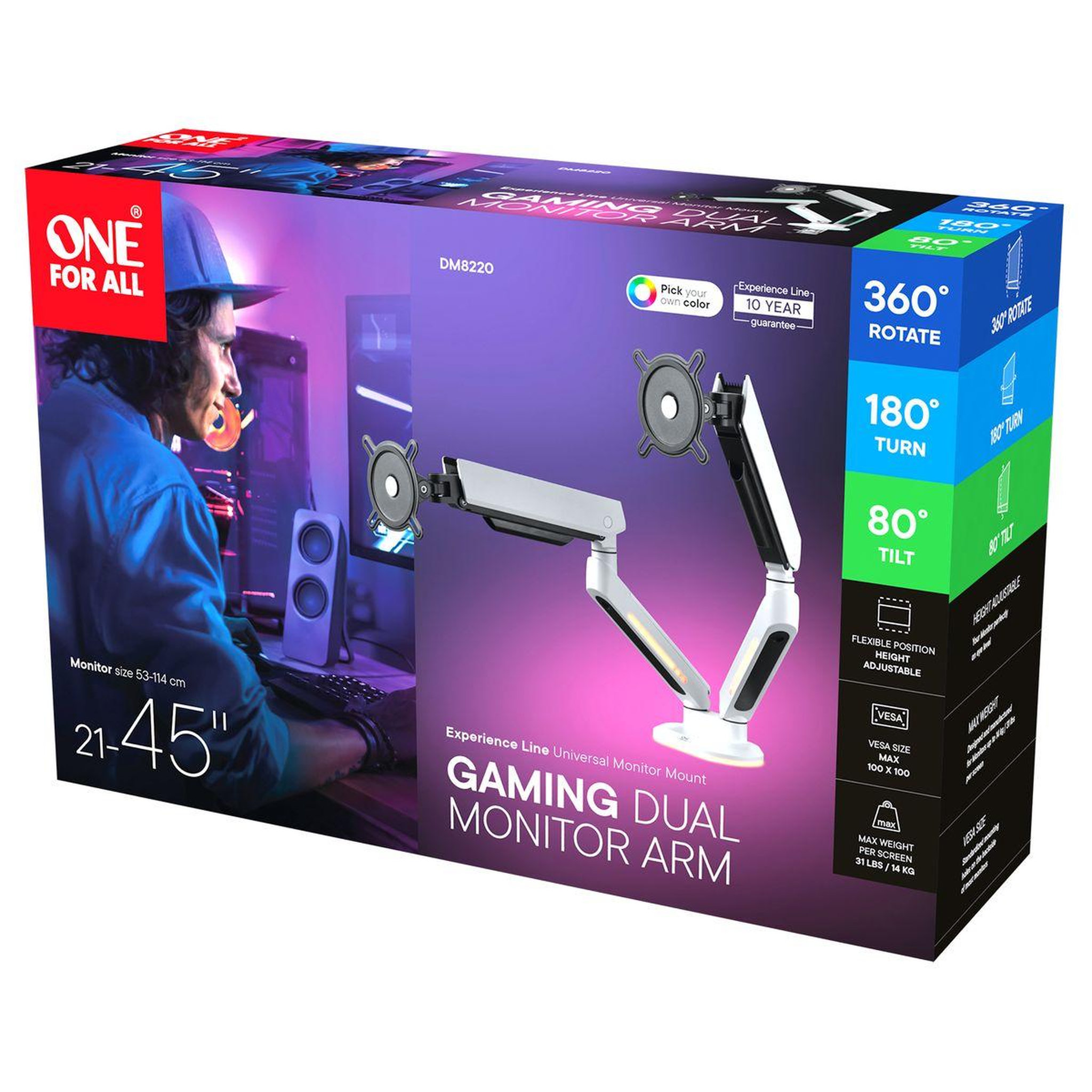 One For All Support écran pc 2 écrans 21/45'' blanc rgb inclinable