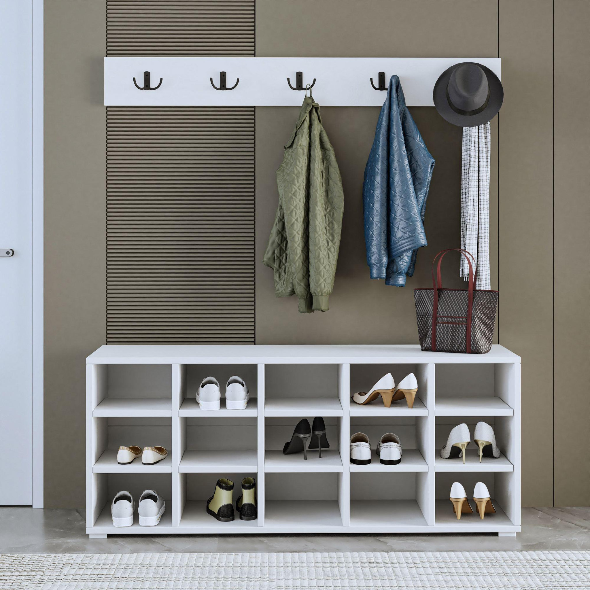 Voir la diapositive 3 : Habitat et Jardin Meuble à chaussures avec porte manteau en bois  talu  - 120 x 30 x 52 cm - blanc