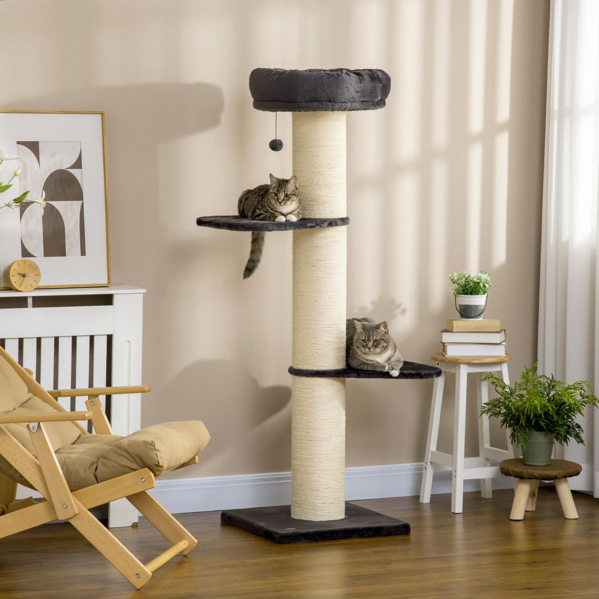 PAWHUT Arbre à chat griffoir sisal naturel 2 plateformes panier observation jeu boule suspendue peluche grise