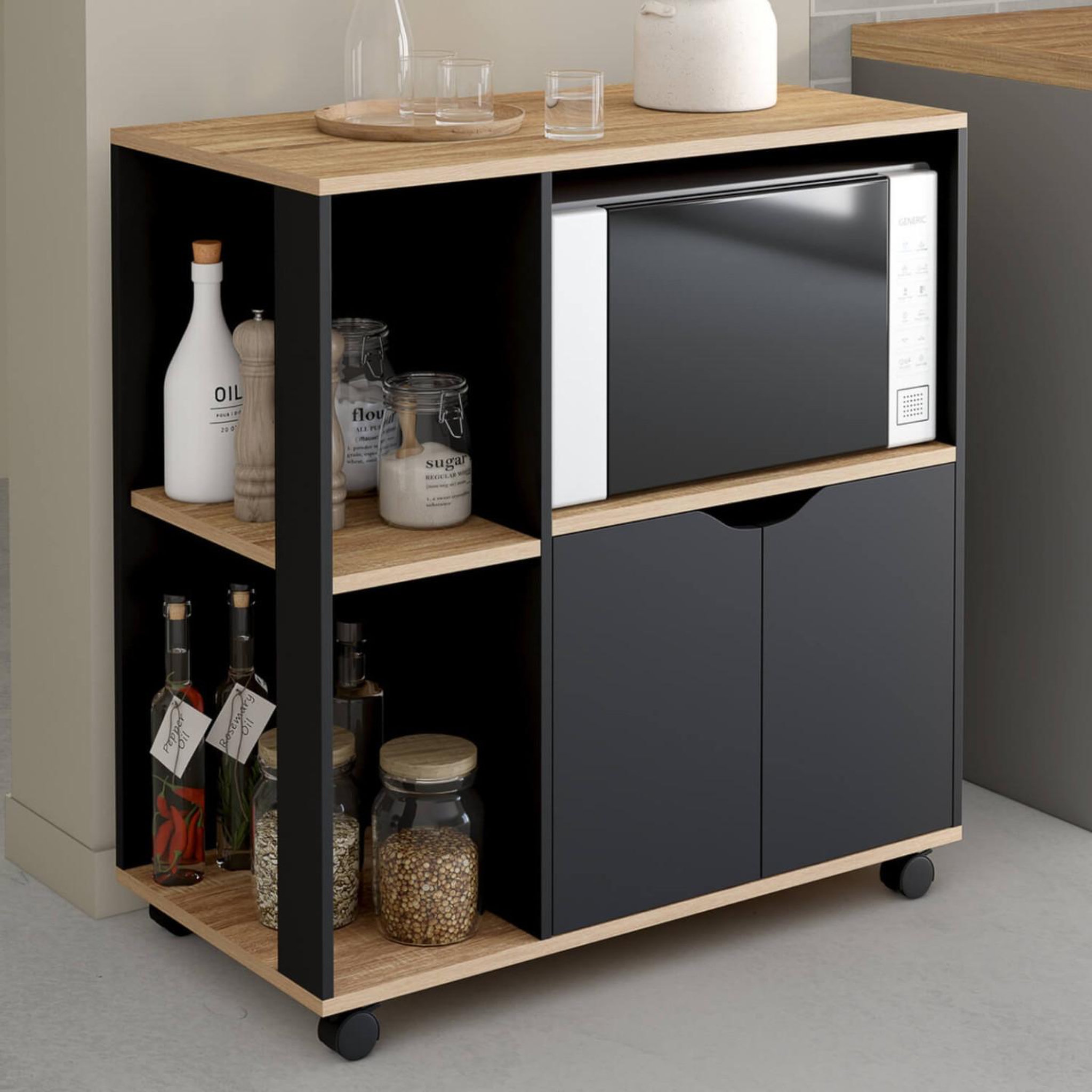 Voir la diapositive 2 : ID MARKET Desserte de cuisine cosi bois noir et plateaux façon hêtre l.76 cm