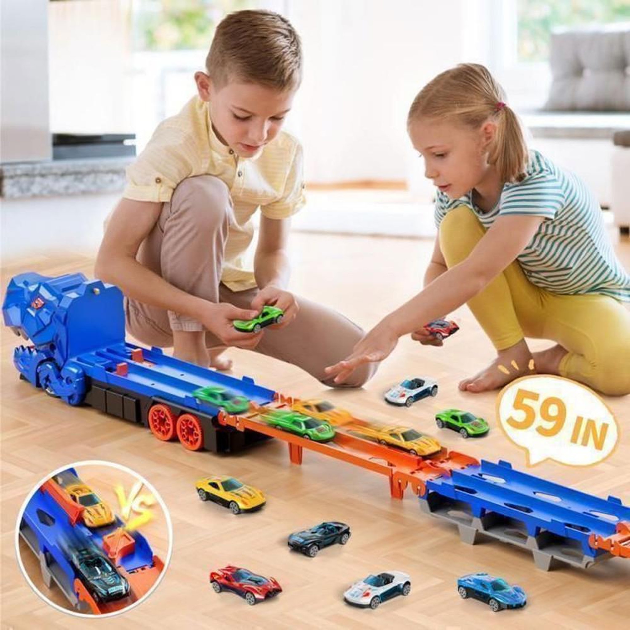 Voir la diapositive 5 : Camion dinosaure piste et catapulte avec 3 niveaux de transport et 12 mini voitures en ABS