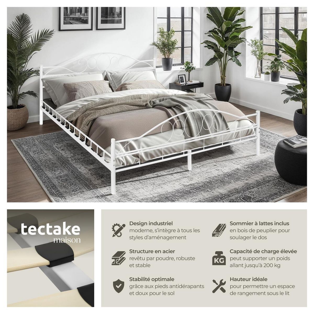 tectake Lit design moderne avec sommier avec Cadre en Acier solide blanc/blanc