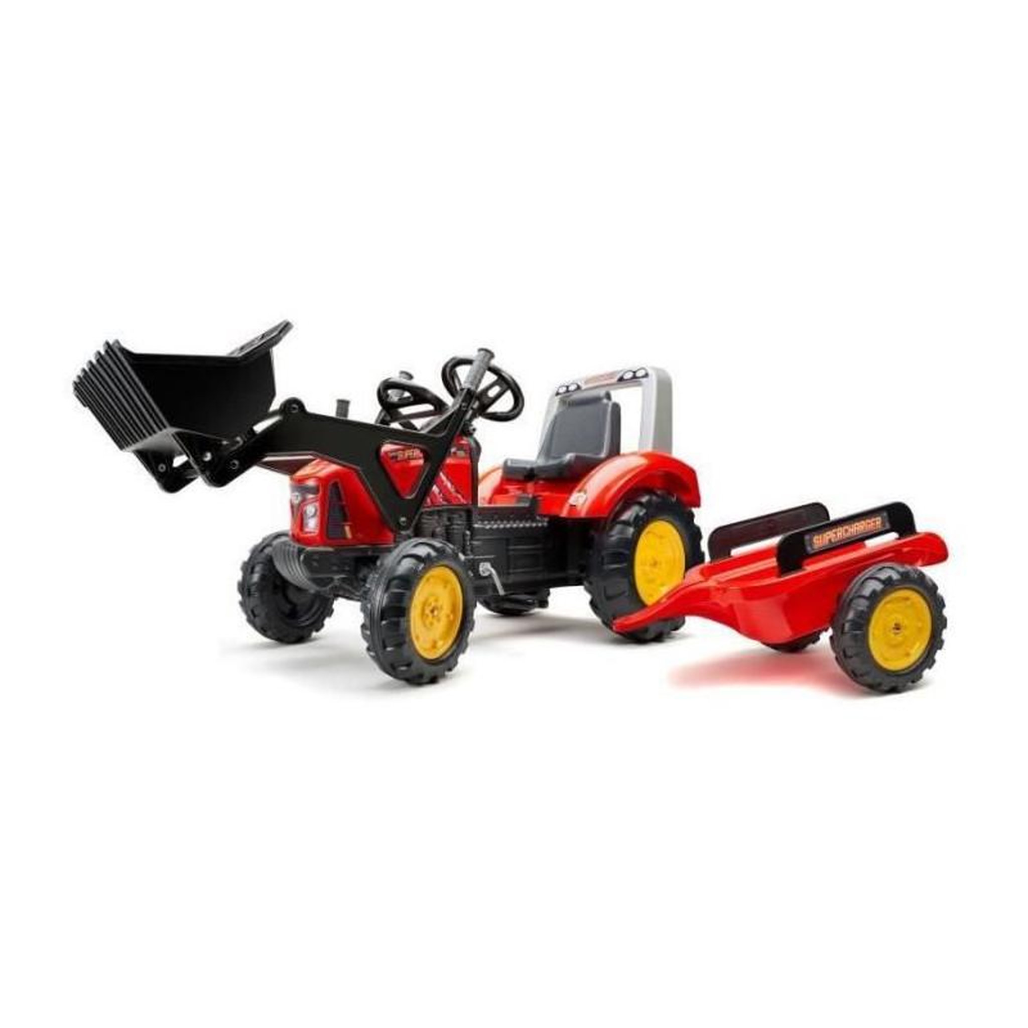 FALK FALK Tractopelle a pedales Supercharger rouge avec capot ouvrant et remorque
