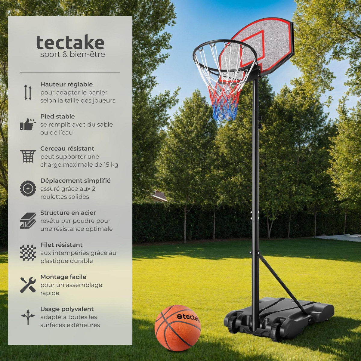 tectake Panier de basketball avec panneau et support noir