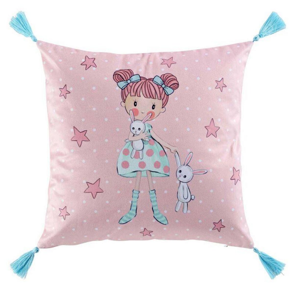 Coussin coton rose et bleu avec lapin 35cm KIDS