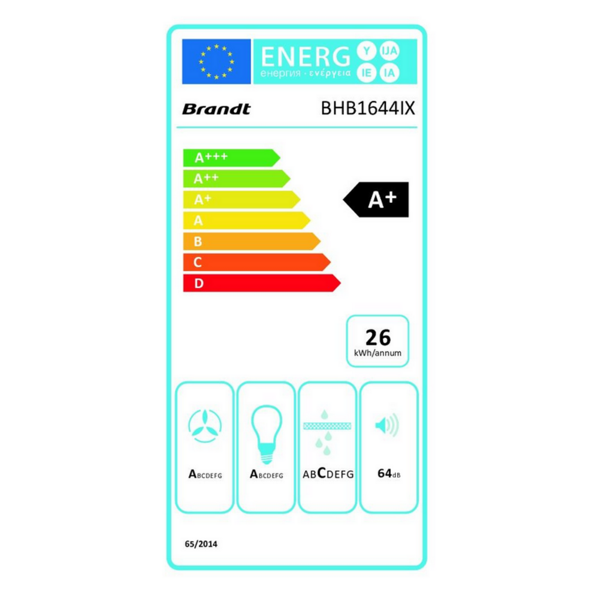 BRANDT Hotte décorative murale 60cm 64db 338m3/h inox - BHB1644IX