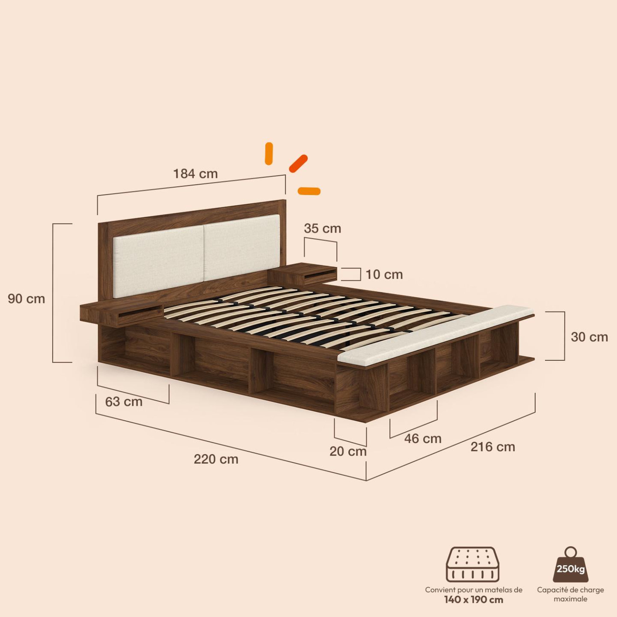 Voir la diapositive 5 : ID MARKET Lit coffre double KIRO tête de lit matelassée, tables de chevet et sommier 140 x 190 cm effet noyer et tissu beige
