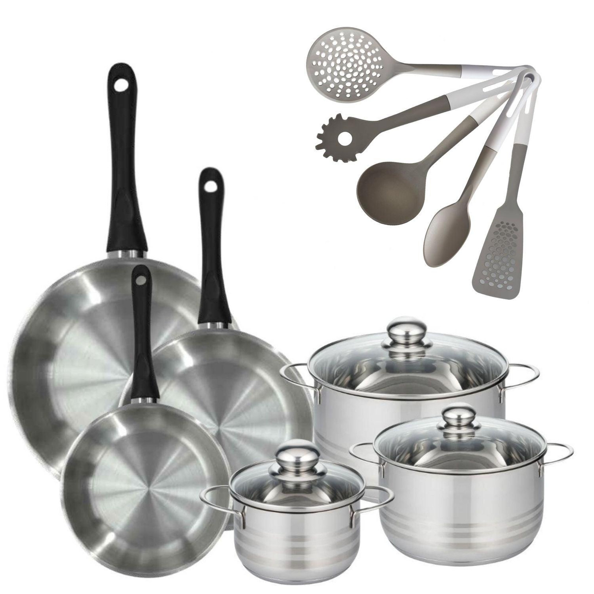 Fackelmann Lot 3 poêles inox 20/24/28cm  fackelmann geneva & 3 faitouts 16/20/24cm avec 5 ustensiles fackelmann