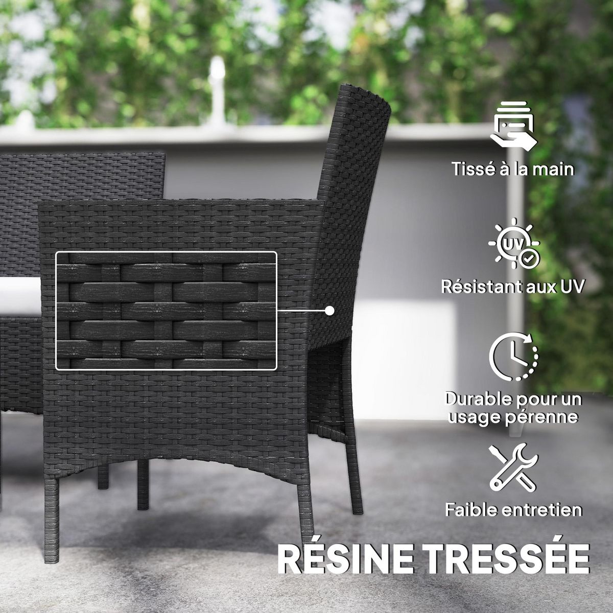 OUTSUNNY Ensemble salon de jardin 4 personnes 4 pièces résine tressée plateau verre trempé noir gris