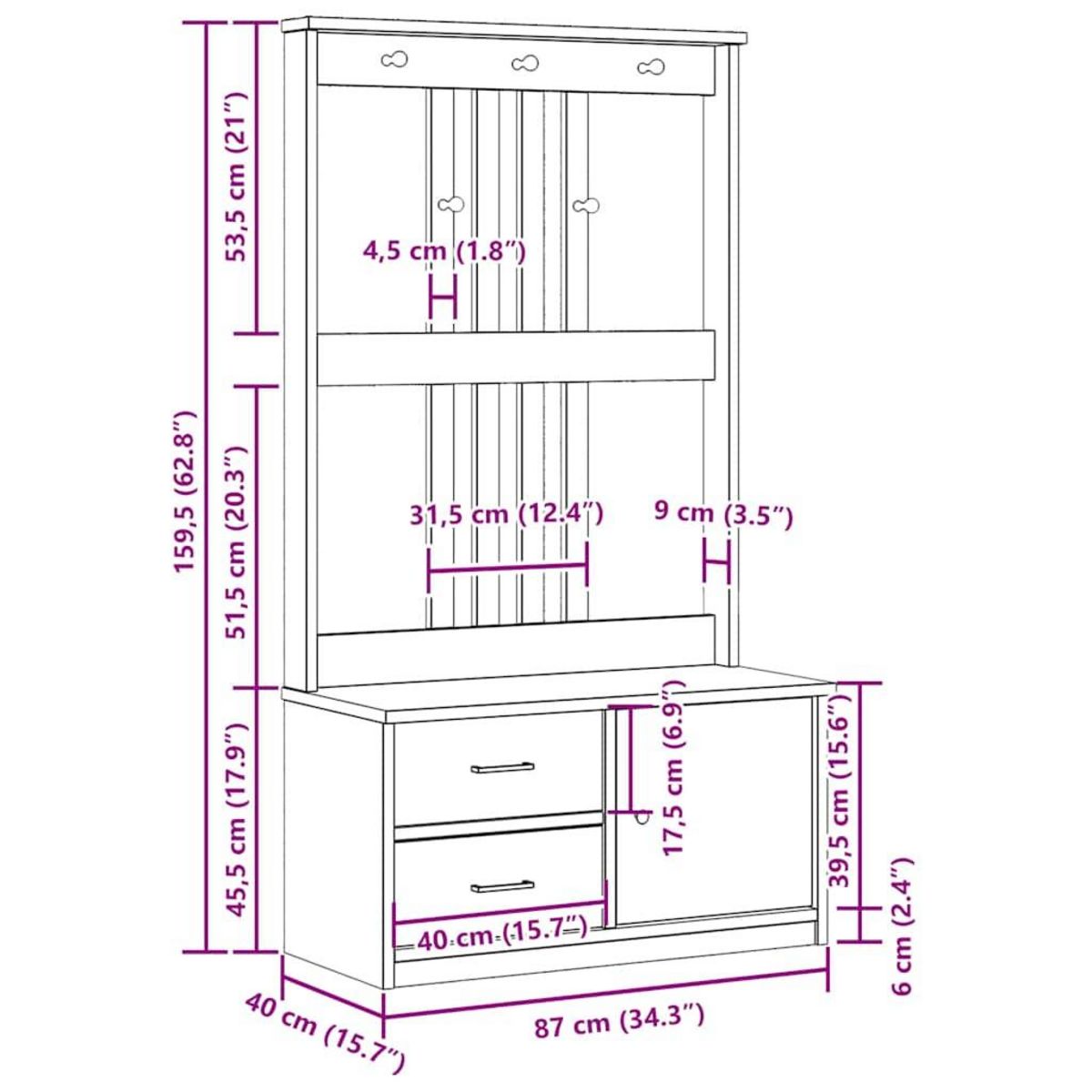 VIDAXL Portemanteau SANDENS 87x40x159,5 cm bois massif pin