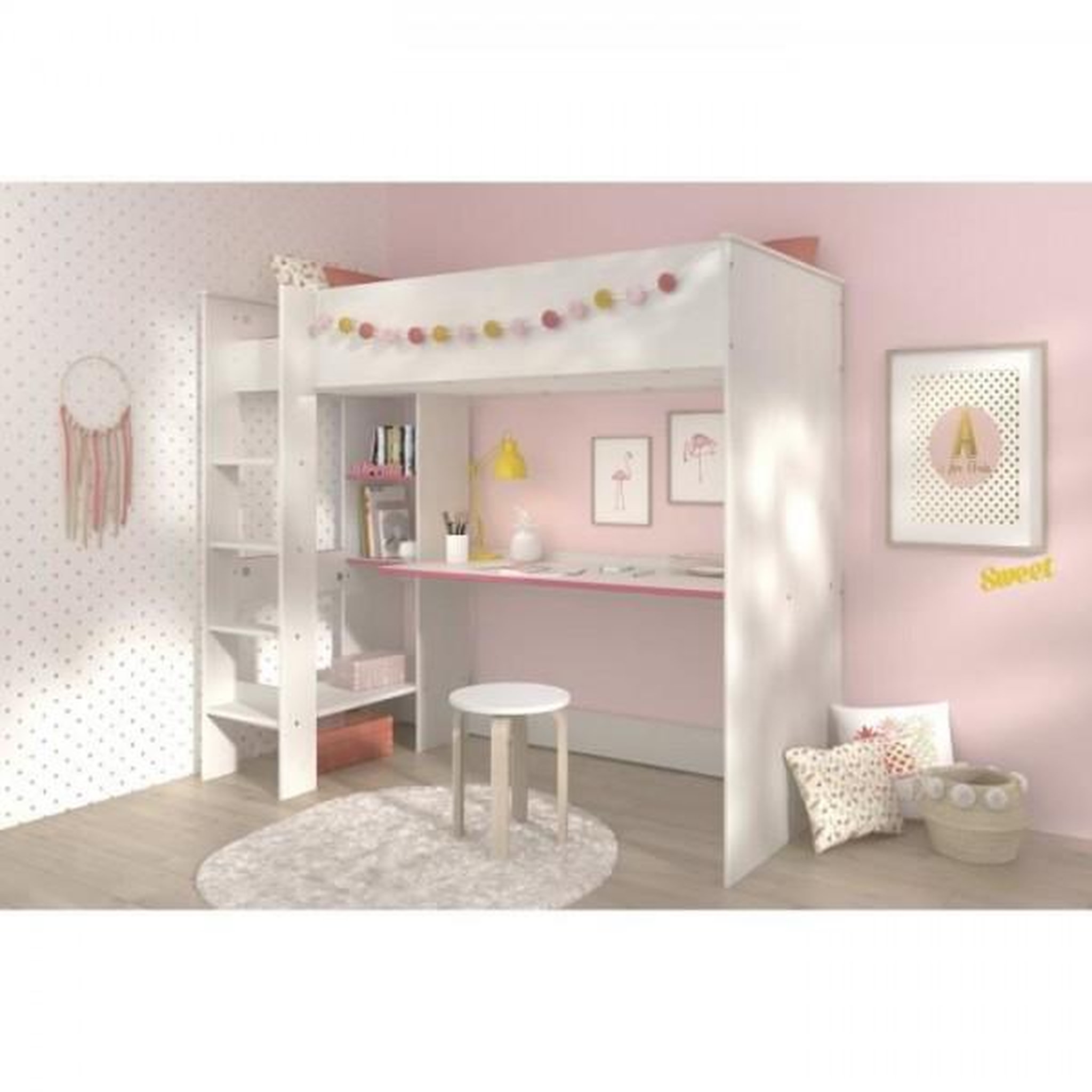 Voir la diapositive 2 : PARISOT PARISOT JIM Lit mezzanine enfant contemporain décor pin memphis et chant réversible bleu ou rose - l 90 x L 200 cm