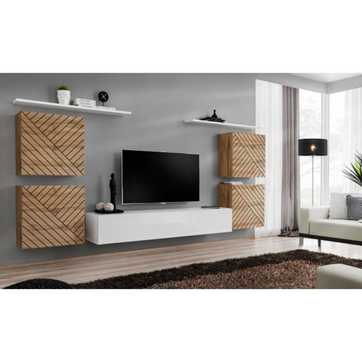 Paris Prix Ensemble Meuble TV  Switch Lamel IV  320cm Blanc & Naturel