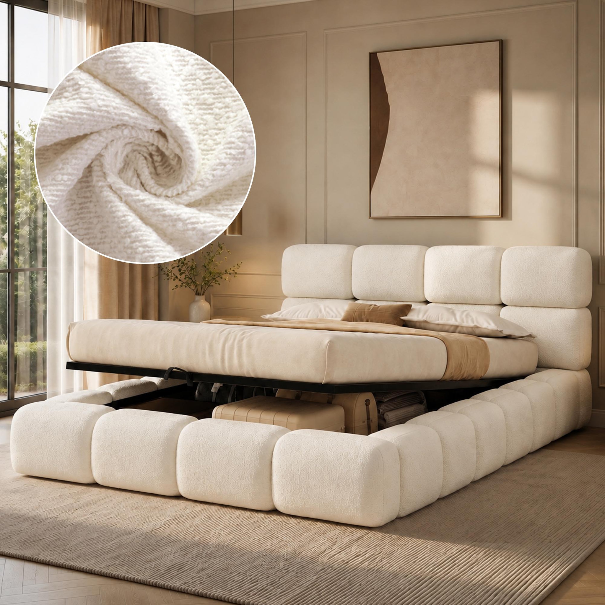 Voir la diapositive 2 : MERAX Lit coffre 180x200 cm double avec sommier tête de lit capitonnée bouclé blanc