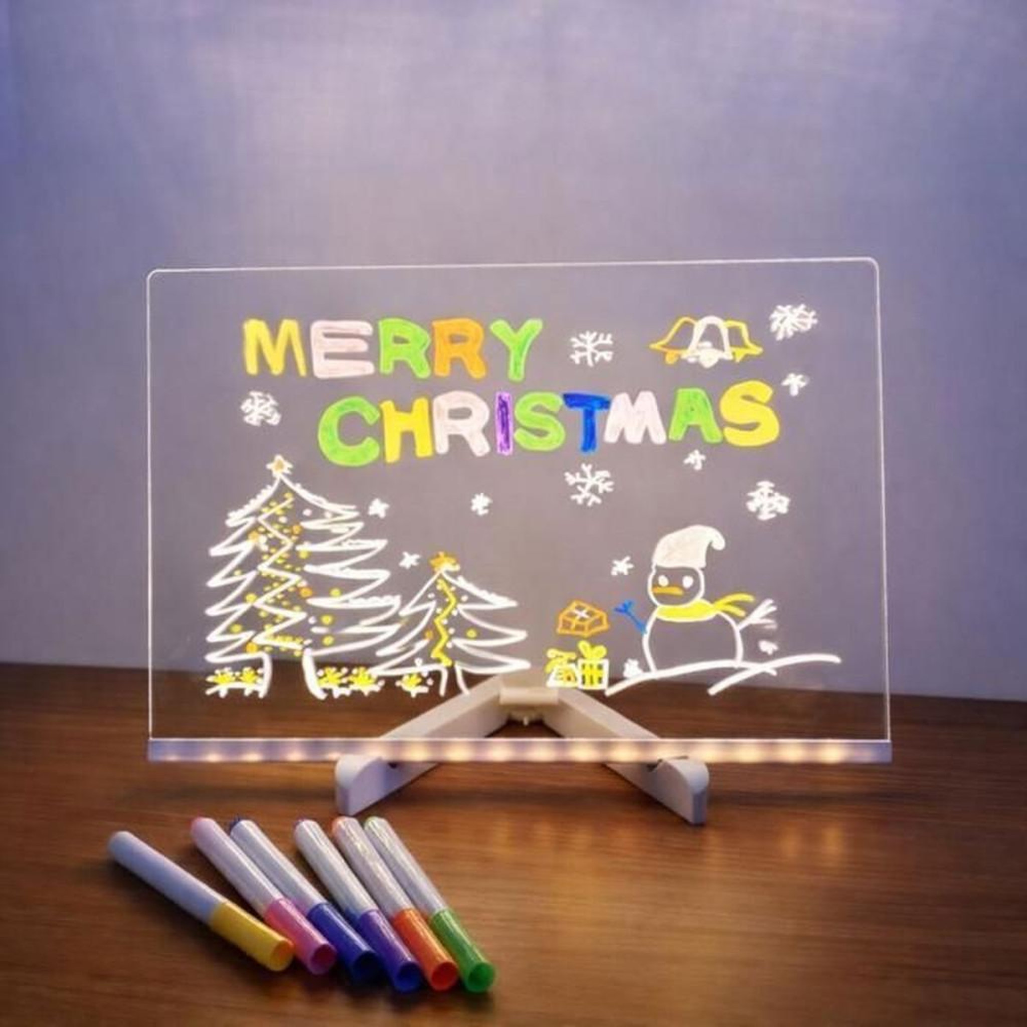EVOE Tablette à dessin LED lumineuse en acrylique A4 30 x 20 cm, tableau mémo effaçable à sec, alimentation USB, pied trépied réglable et 7 feutres de couleur