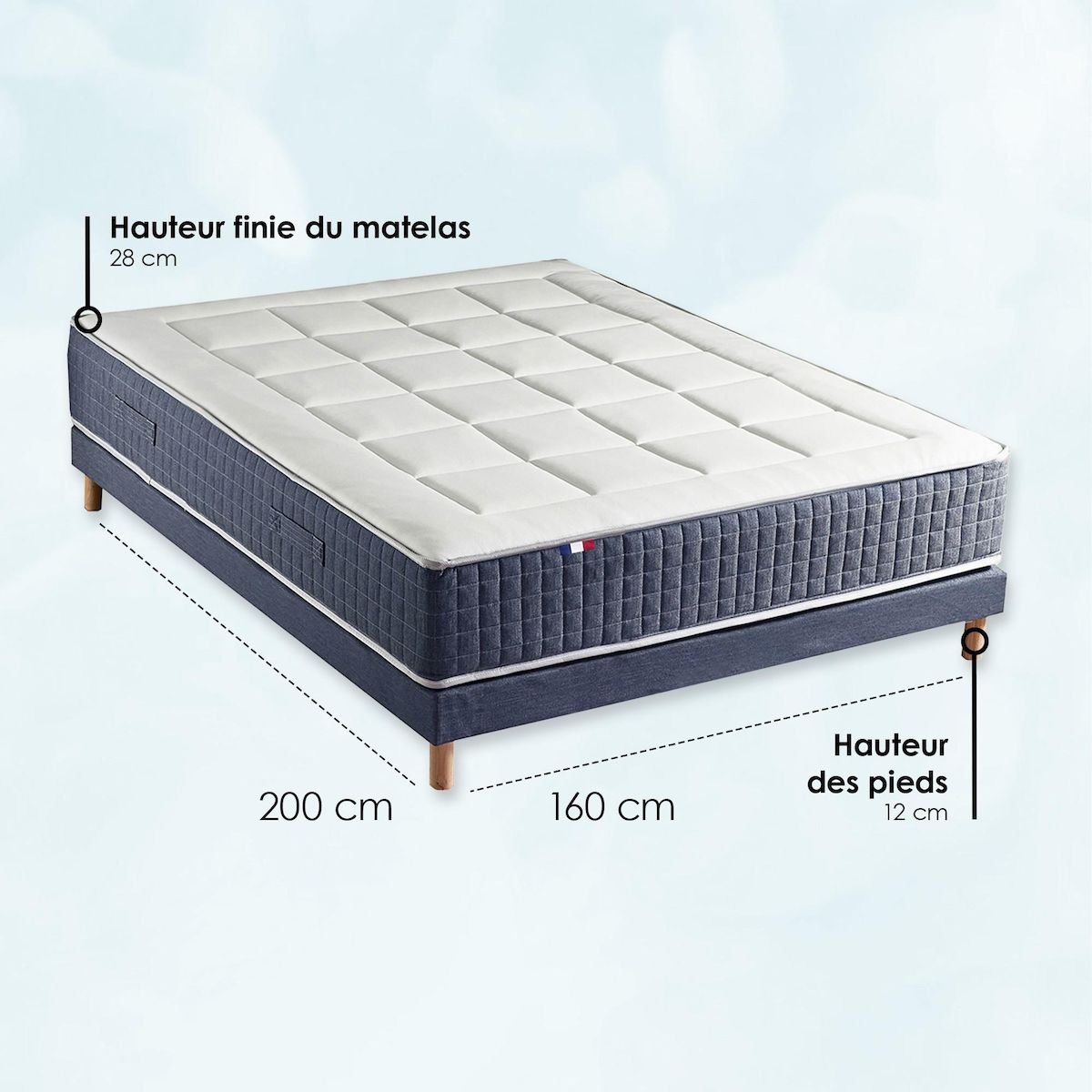 IDLITERIE Ensemble Matelas Ressort 7 zones + Mémoire de forme + Sommier KING STYLE + couette + oreillers Fabriqué en France 160 x 200