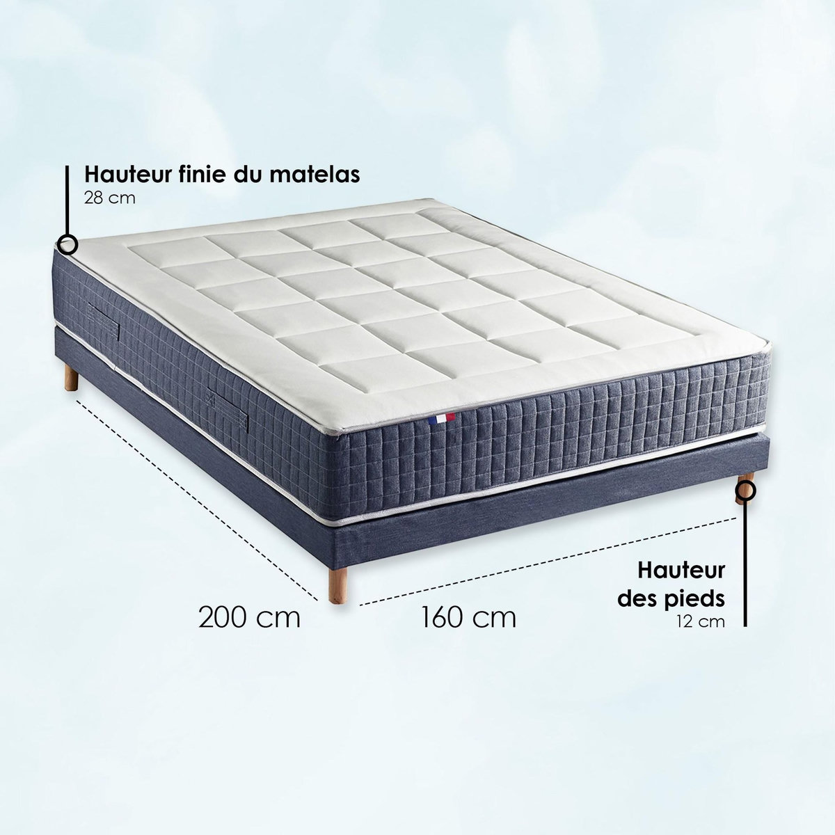 IDLITERIE Ensemble Matelas Ressort 7 zones + Mémoire de forme + Sommier KING STYLE + couette + oreillers Fabriqué en France 160 x 200