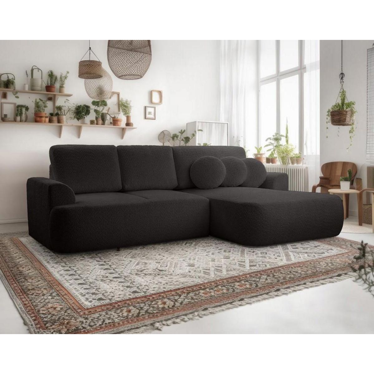 BEST MOBILIER Candela - canapé d'angle droit 4 places - convertible avec coffre - en tissu bouclette