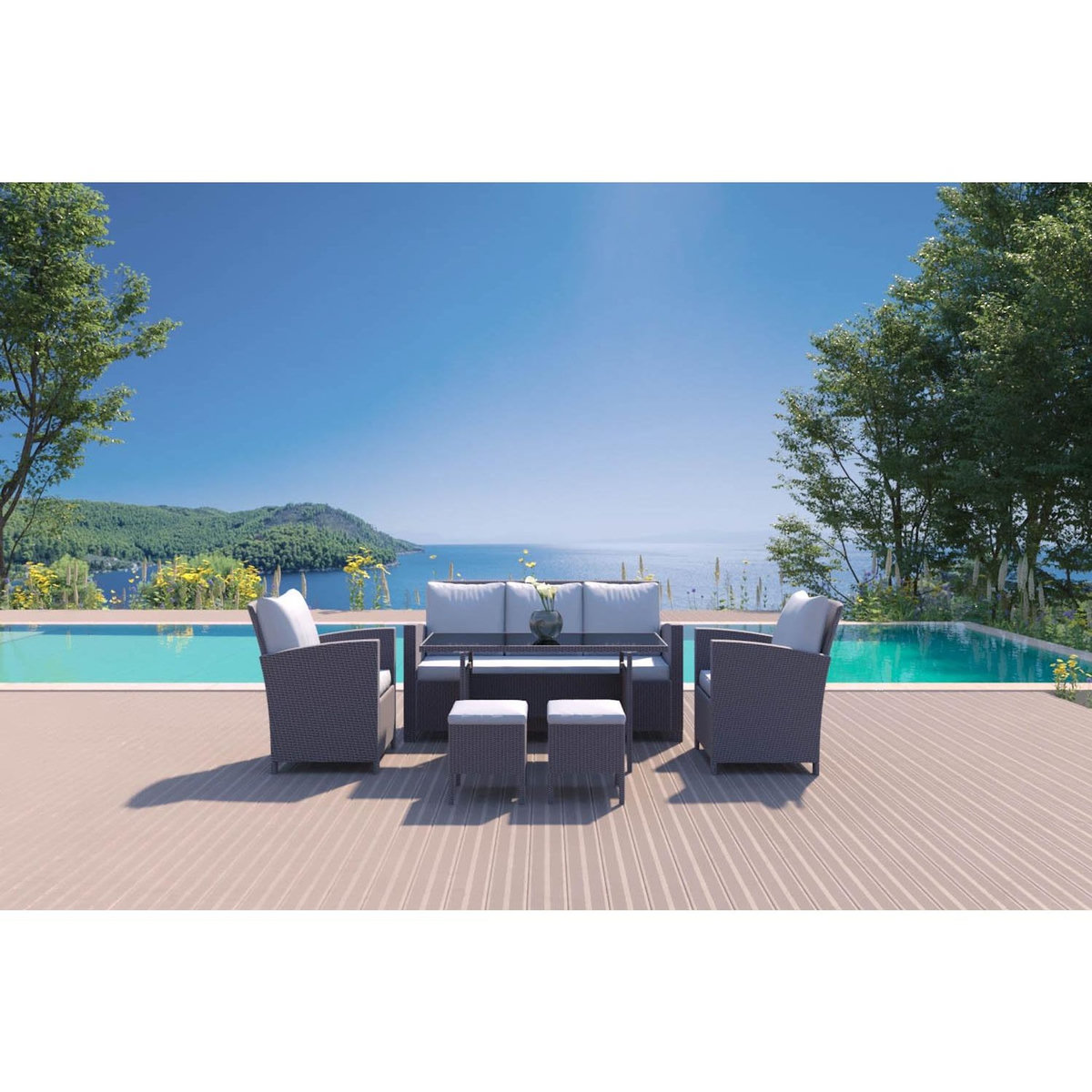 CONCEPT USINE Salon de jardin 7 places en résine tressée gris MODENA