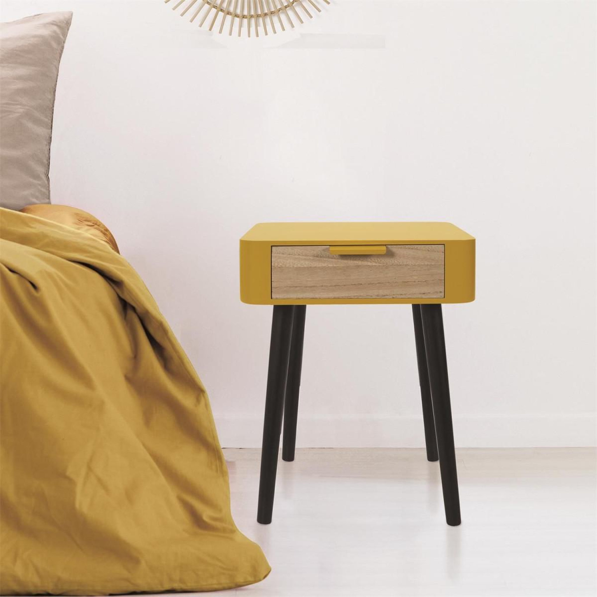 Voir la diapositive 4 : The Home Deco Factory Table de chevet 1 tiroir  bois  48cm jaune moutarde