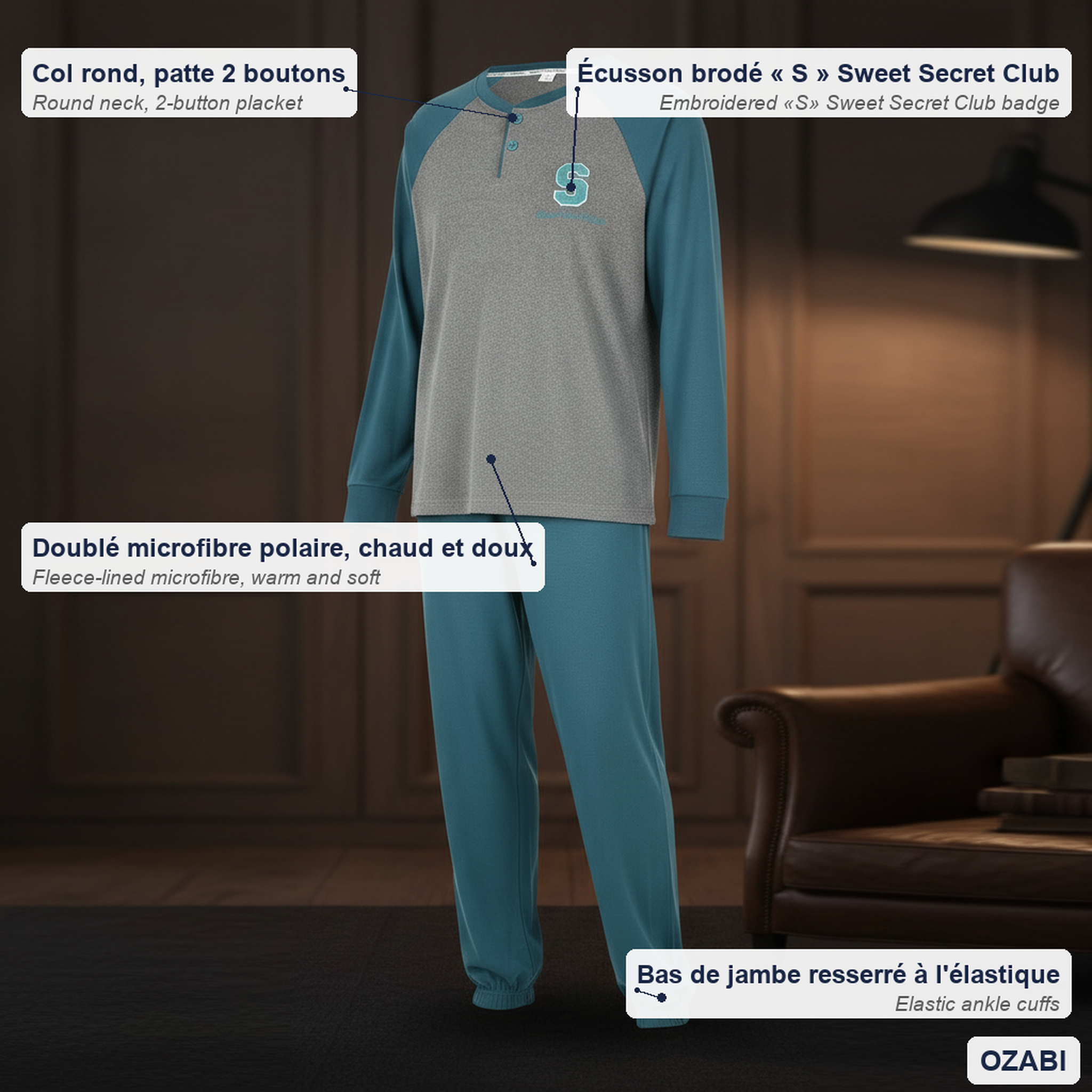 Voir la diapositive 5 : OZABI Ozabi ensemble pyjama homme doublé polaire bicolore sweet secret club