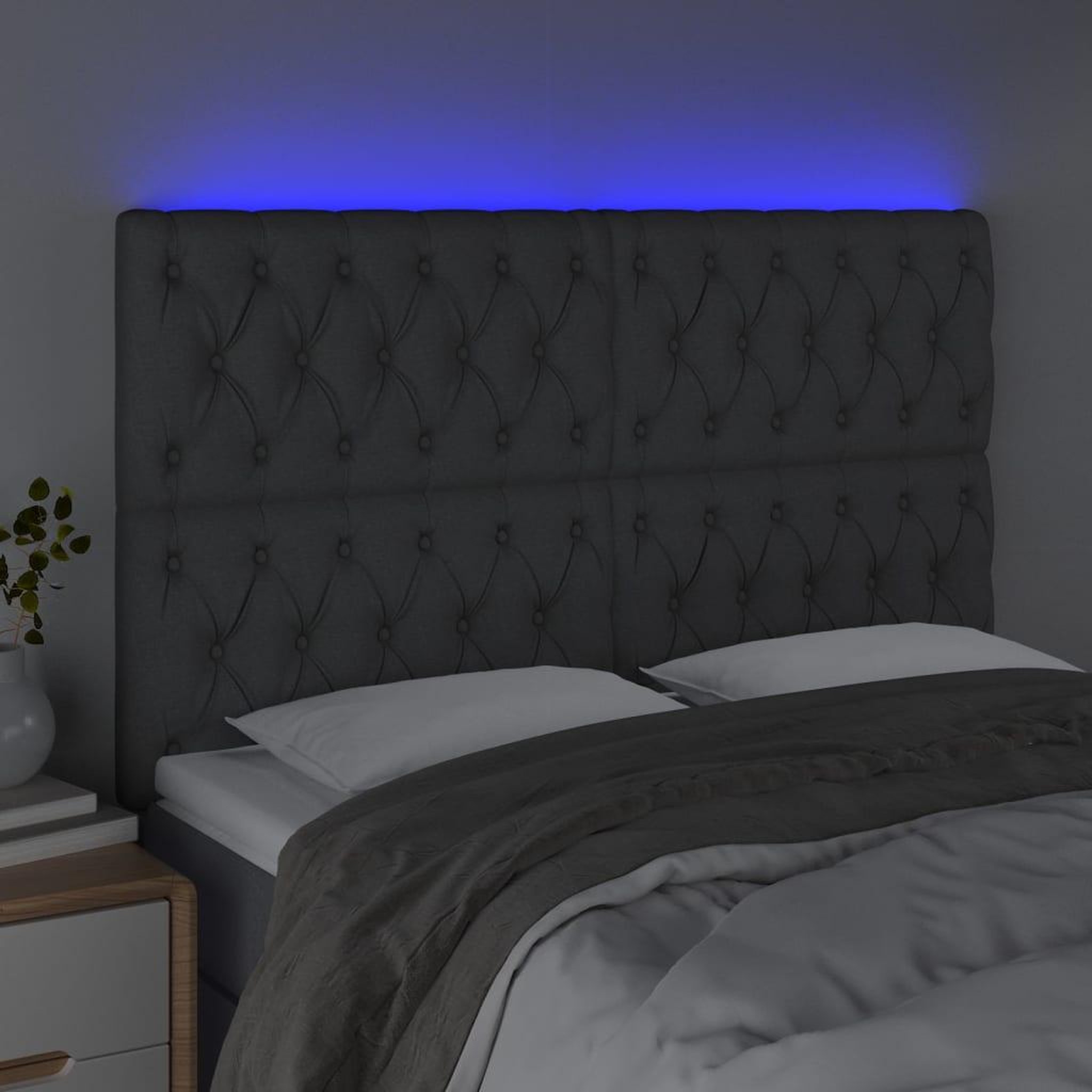 Voir la diapositive 3 : VIDAXL Tete de lit a LED Gris fonce 160x7x118/128 cm Tissu