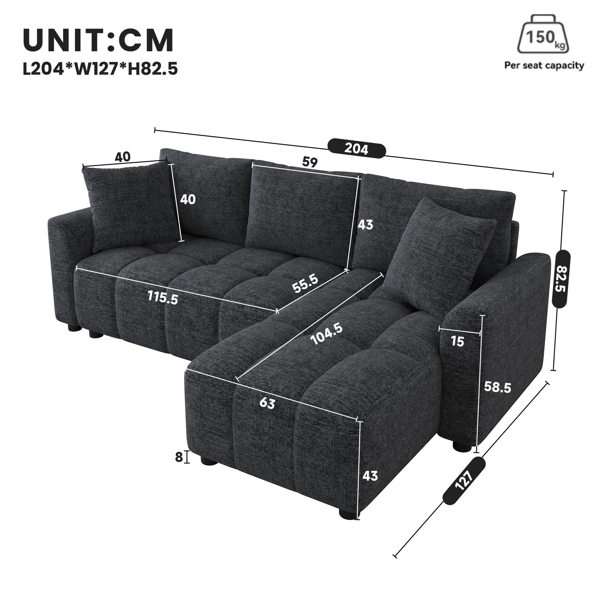 Voir la diapositive 3 : MERAX Canapé d'angle réversible fixe 3 places tissu