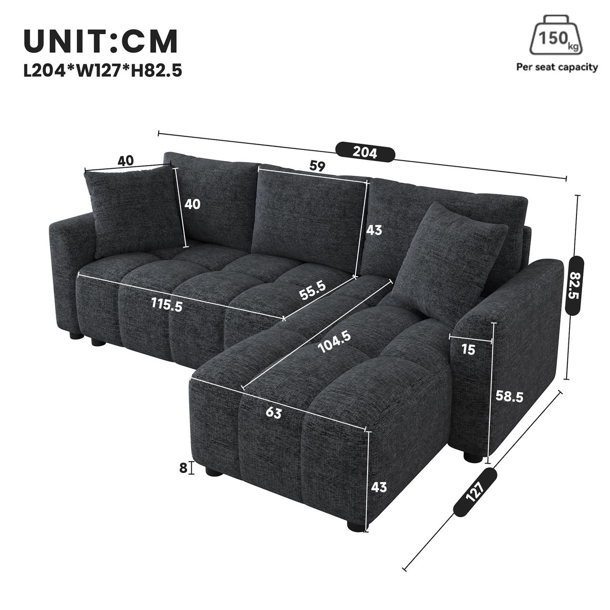 MERAX Canapé d'angle réversible fixe 3 places tissu