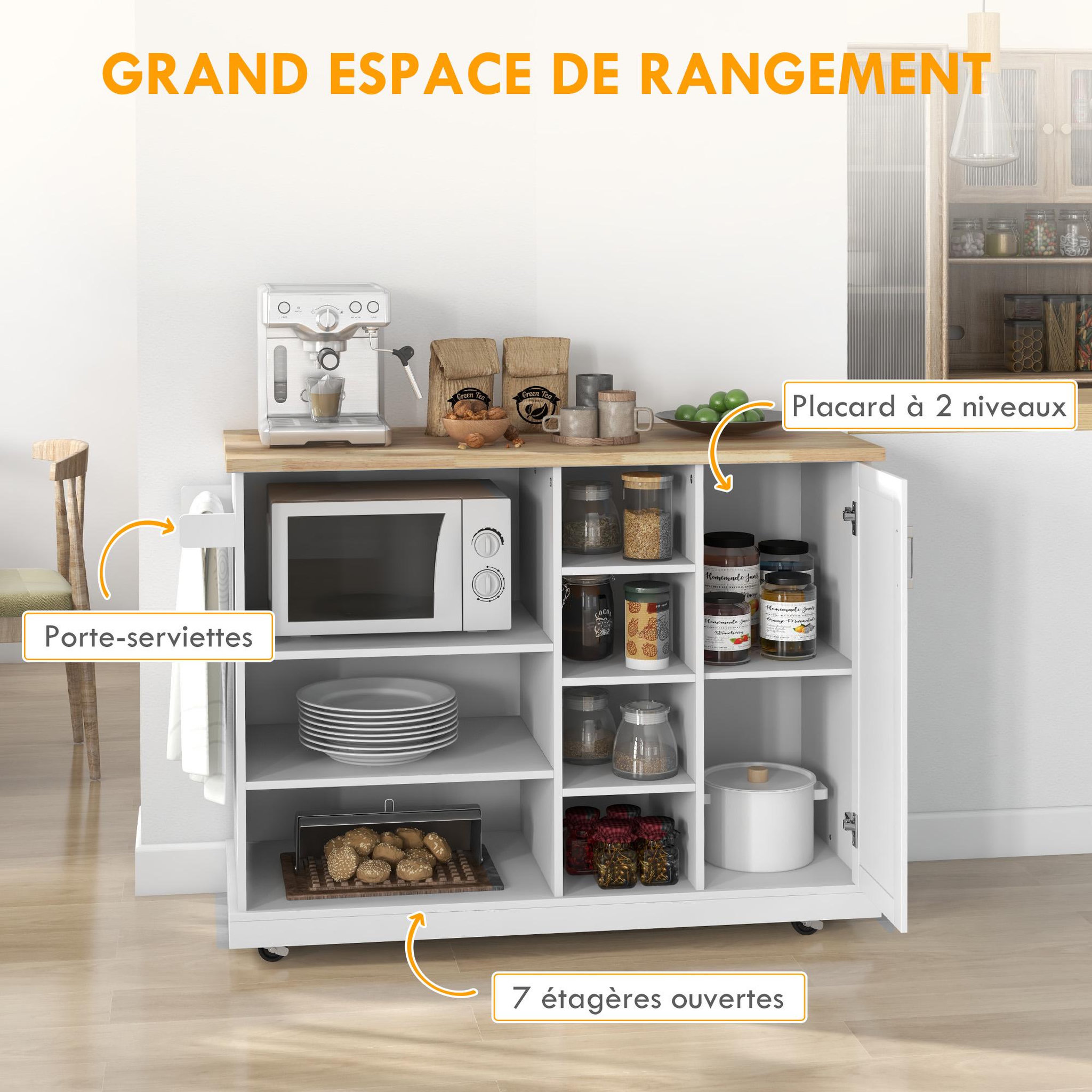 Voir la diapositive 5 : HOMCOM Desserte de cuisine îlot multi-rangement mdf blanc plateau bois hévéa verni
