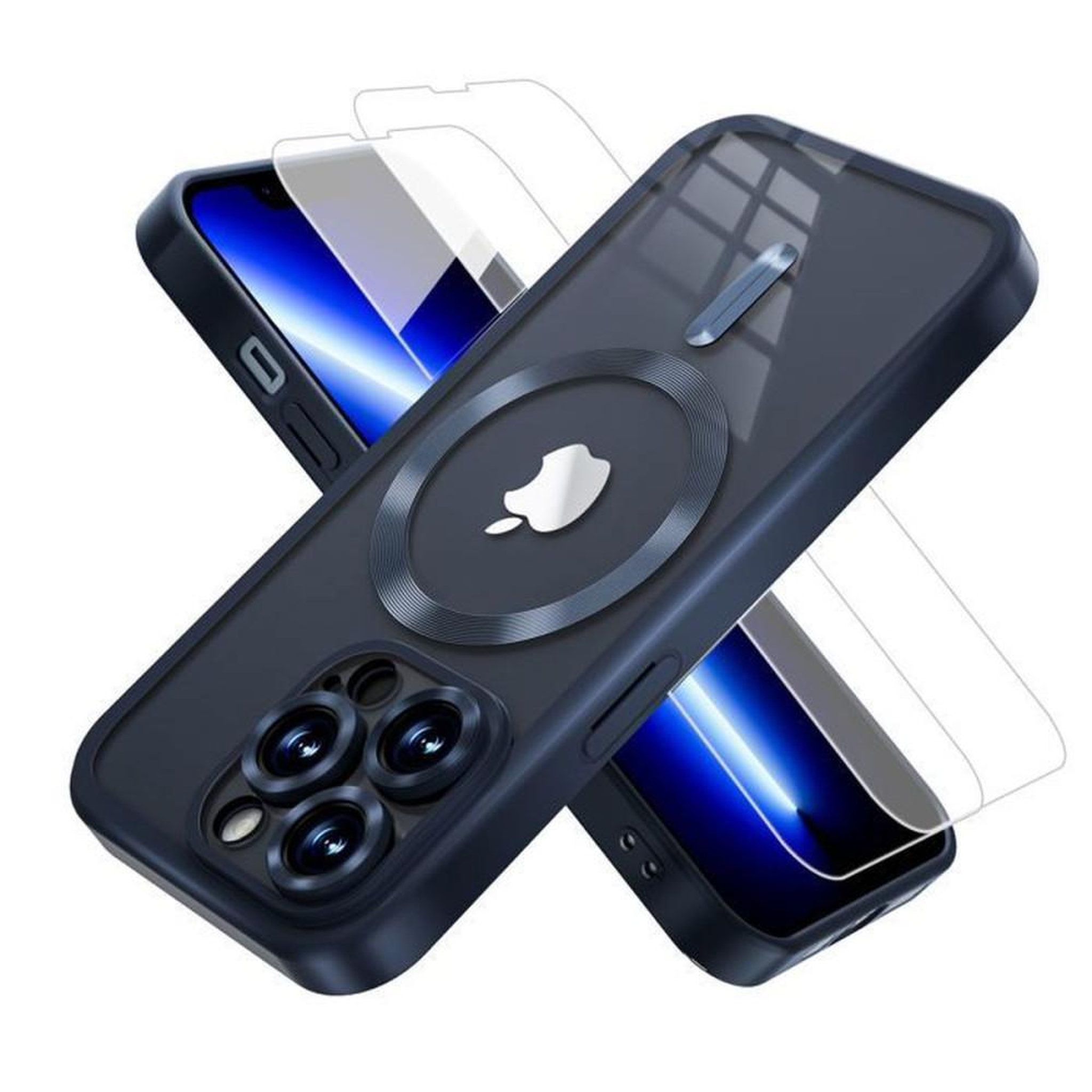 Coque bumper magnétique TPU pour iPhone 13 Pro Max, transparente bleu, protection anti-chute style militaire, résistante aux UV anti-jaunissement, accès boutons et ports, alignement recharge sans fil