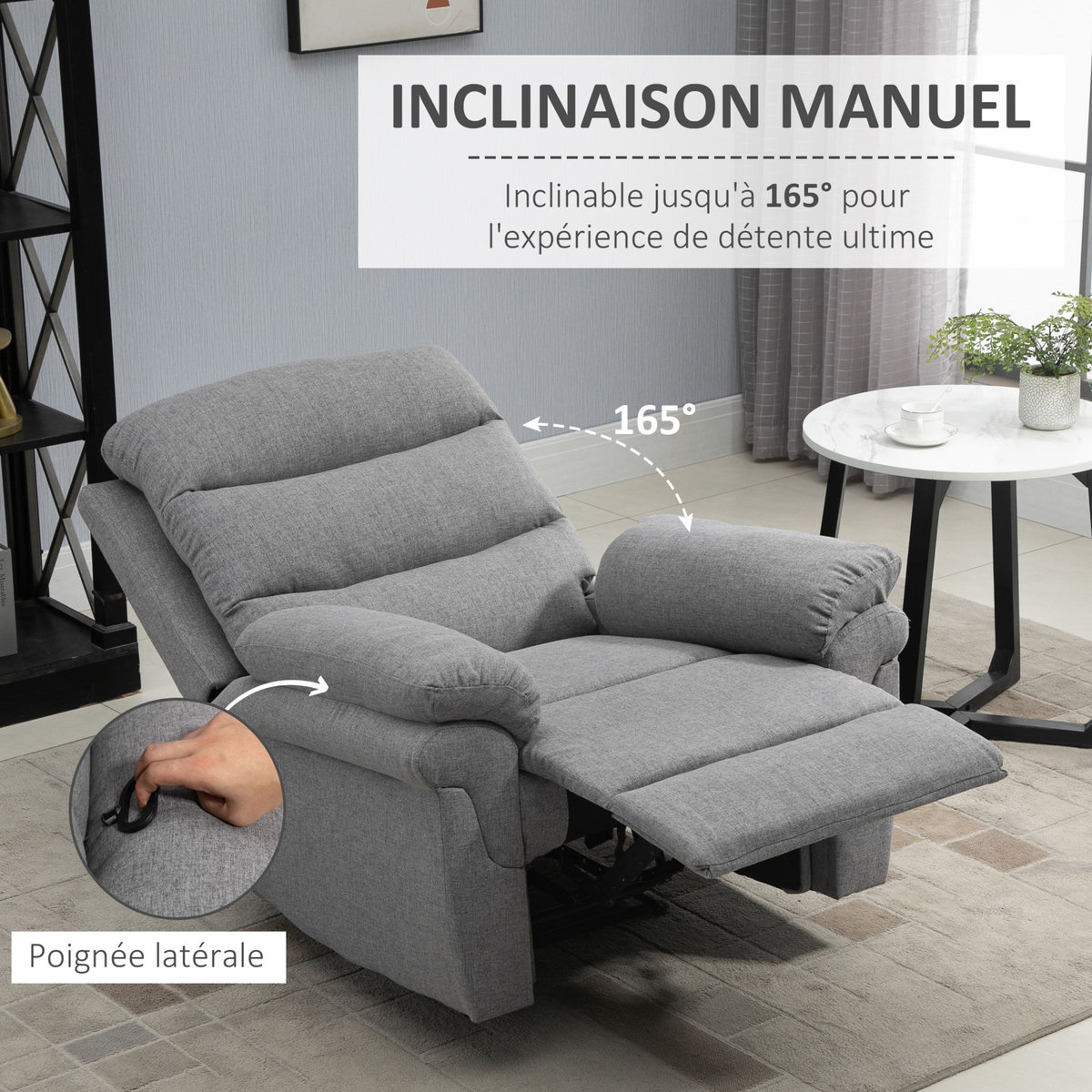HOMCOM Fauteuil de relaxation inclinable manuel avec repose-pied ajustable tissu polyester aspect lin gris clair chiné