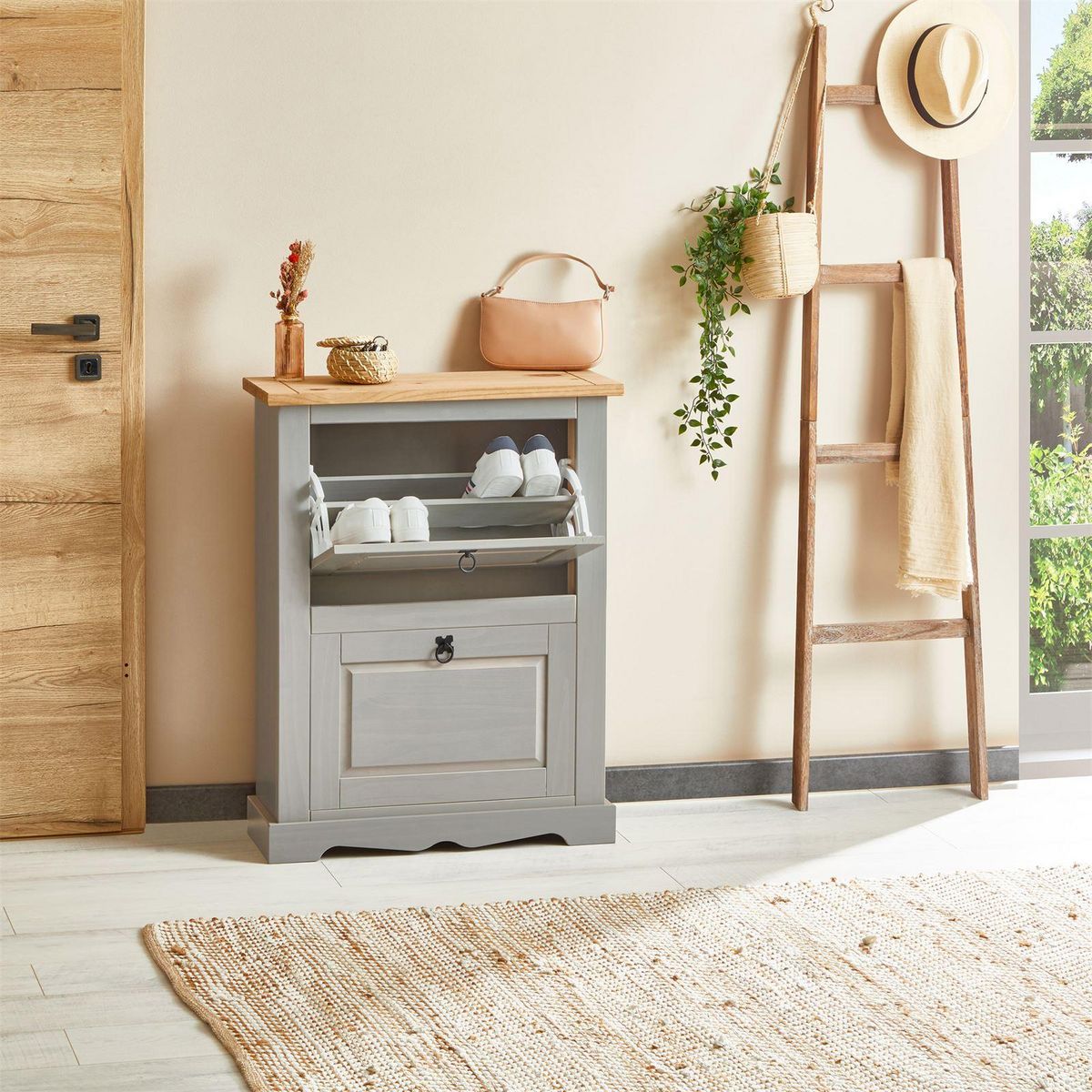 IDIMEX Meuble à chaussures TEQUILA avec 2 abattants, style mexicain en pin