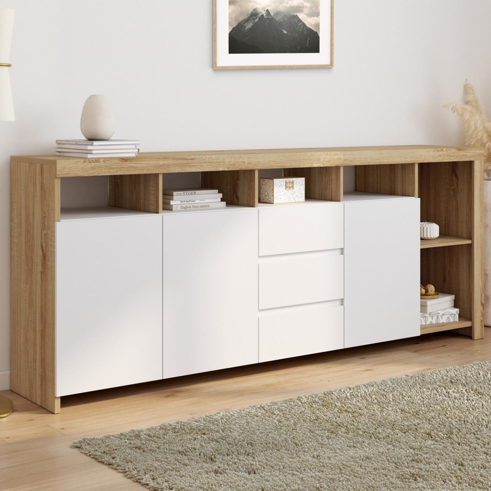 Voir la diapositive 2 : ID MARKET Buffet 180 cm MALO bois façon hêtre 3 portes et 3 tiroirs blancs