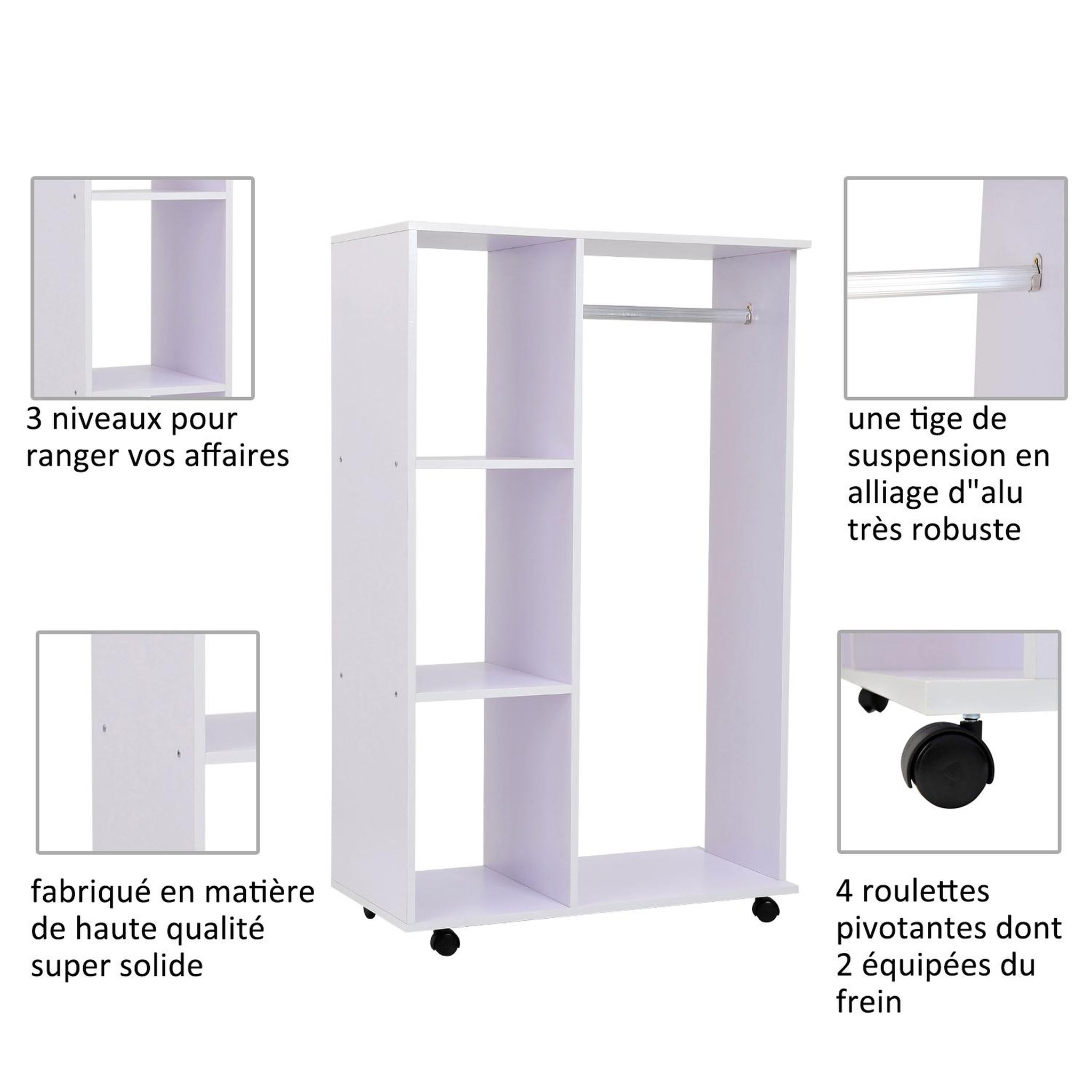 Voir la diapositive 4 : HOMCOM Armoire penderie armoire de rangement mobile panneaux de particules blanc