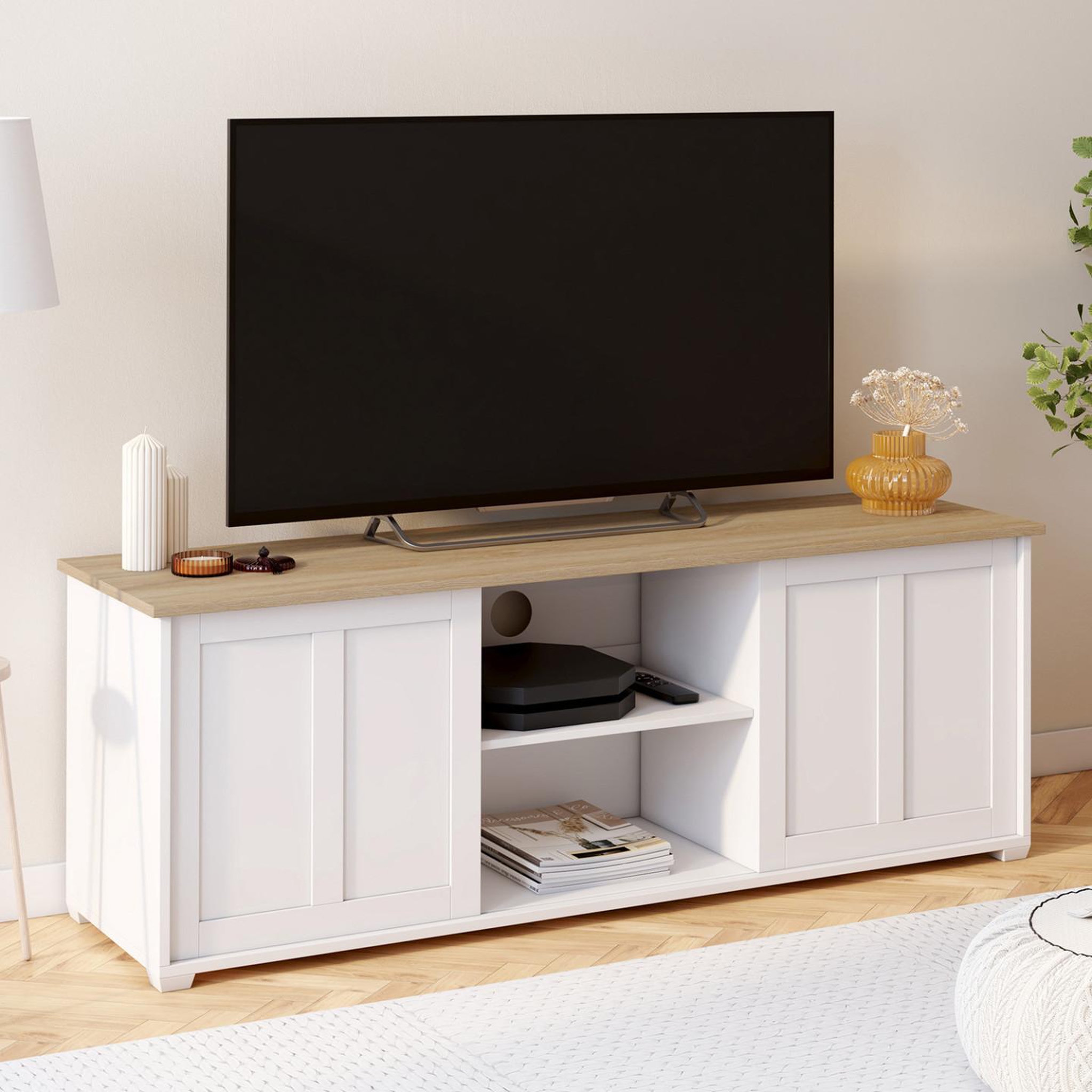 Voir la diapositive 2 : ID MARKET Meuble tv 140 cm  jango 2 portes coulissantes blanc et plateau bois